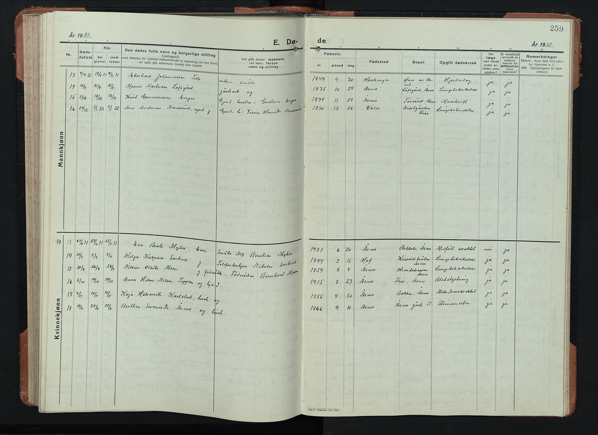 Åsnes prestekontor, SAH/PREST-042/H/Ha/Hab/L0008: Parish register (copy) no. 8, 1927-1942, p. 259