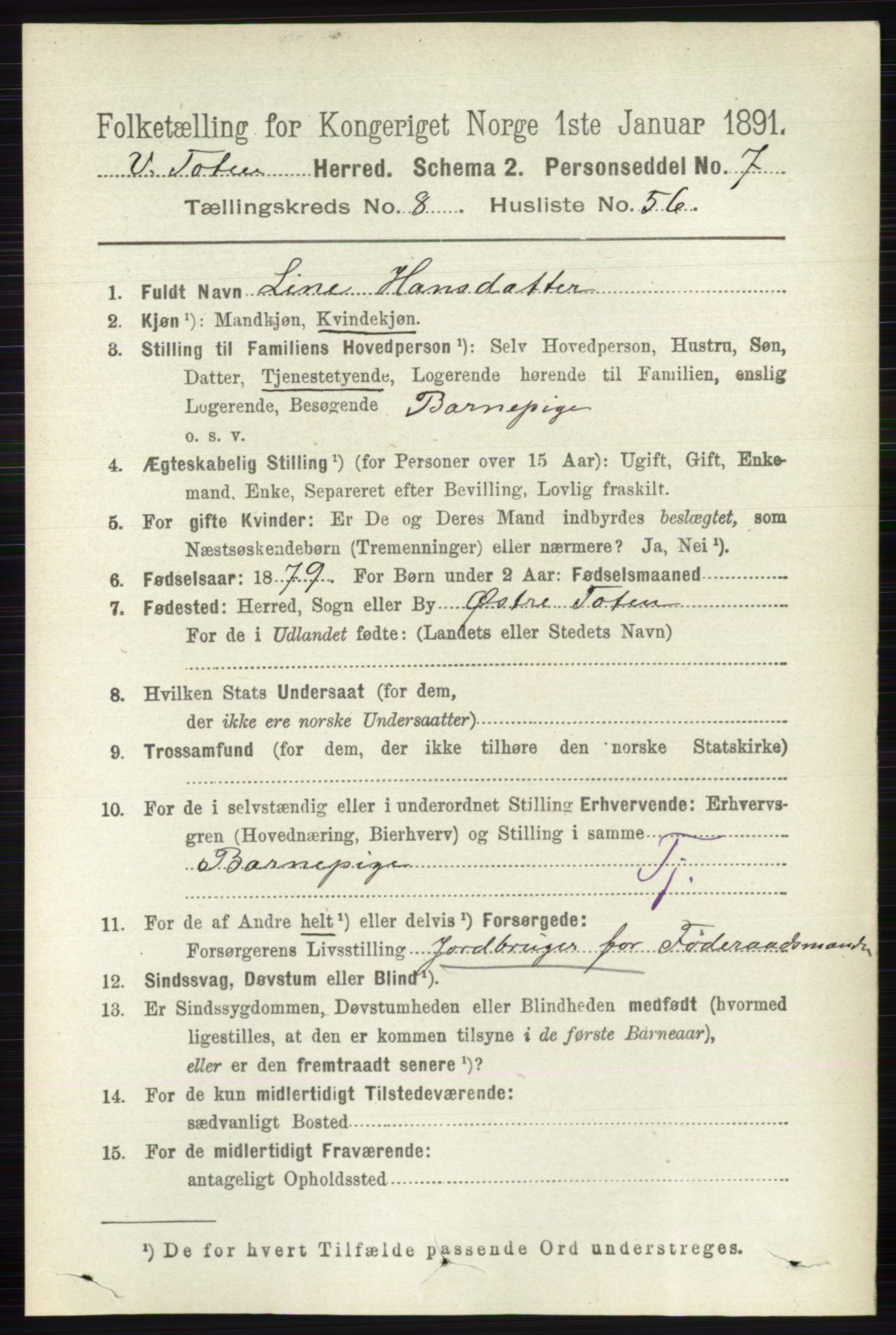 RA, 1891 census for 0529 Vestre Toten, 1891, p. 5333