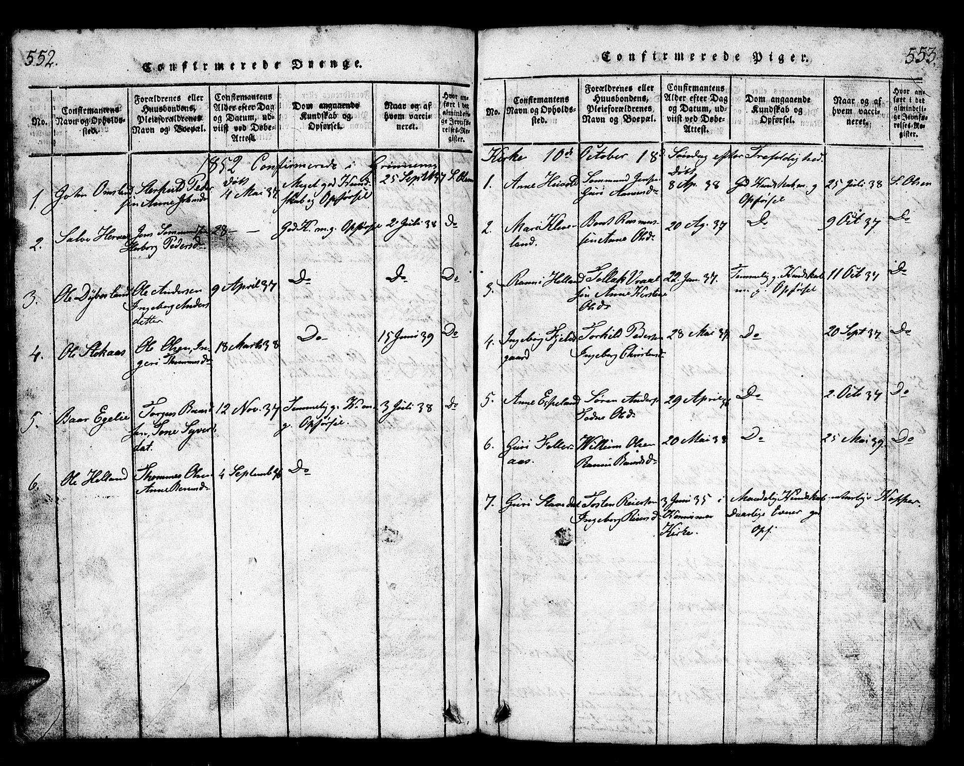 Bjelland sokneprestkontor, SAK/1111-0005/F/Fb/Fbb/L0003: Parish register (copy) no. B 3, 1816-1868, p. 552-553
