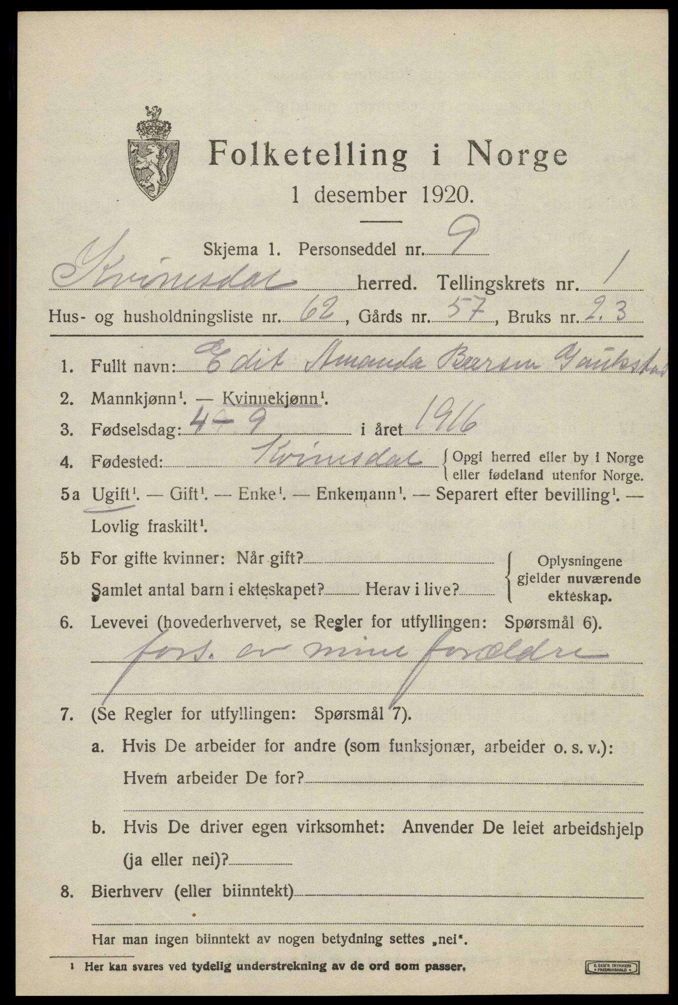 SAK, 1920 census for Kvinesdal, 1920, p. 1823