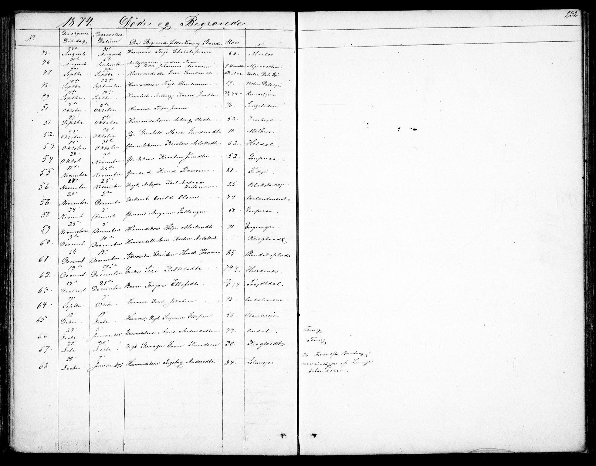 Froland sokneprestkontor, AV/SAK-1111-0013/F/Fb/L0008: Parish register (copy) no. B 8, 1843-1875, p. 232