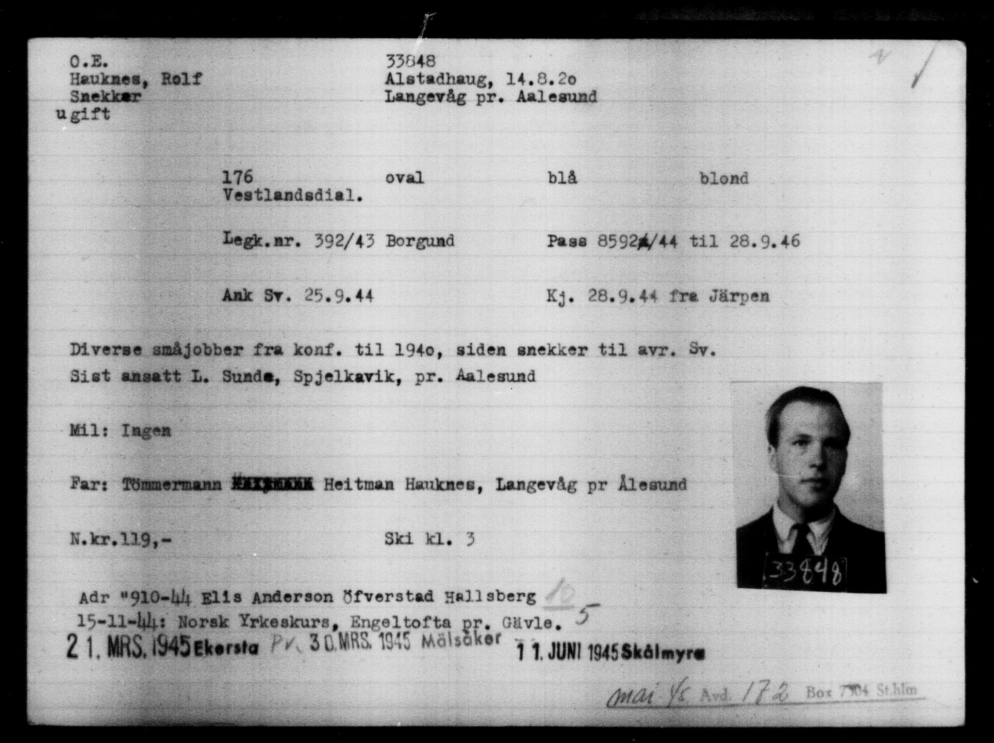Utenriksstasjonene, Legasjonen i Stockholm, Flyktningkontoret, AV/RA-S-6753/V/Va/L0013: Kjesäterkartoteket, flyktninger med registreringsnr. 31500-34731, 1940-1945, p. 2481