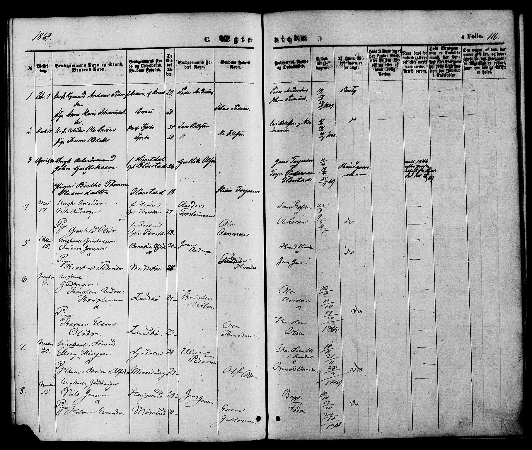 Austre Moland sokneprestkontor, SAK/1111-0001/F/Fa/Faa/L0009: Parish register (official) no. A 9, 1869-1879, p. 116