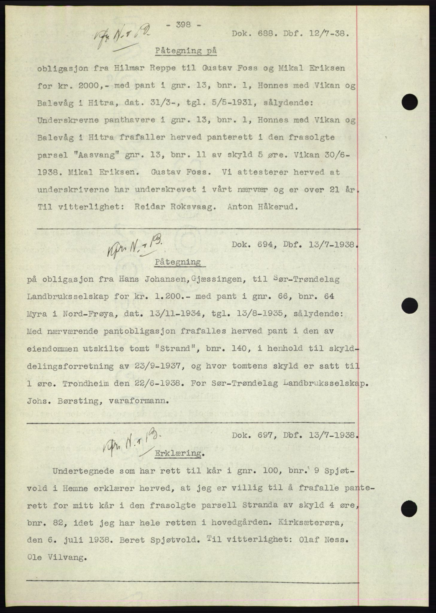 Hitra sorenskriveri, AV/SAT-A-0018/2/2C/2Ca: Mortgage book no. C1, 1936-1945, Diary no: : 688/1938