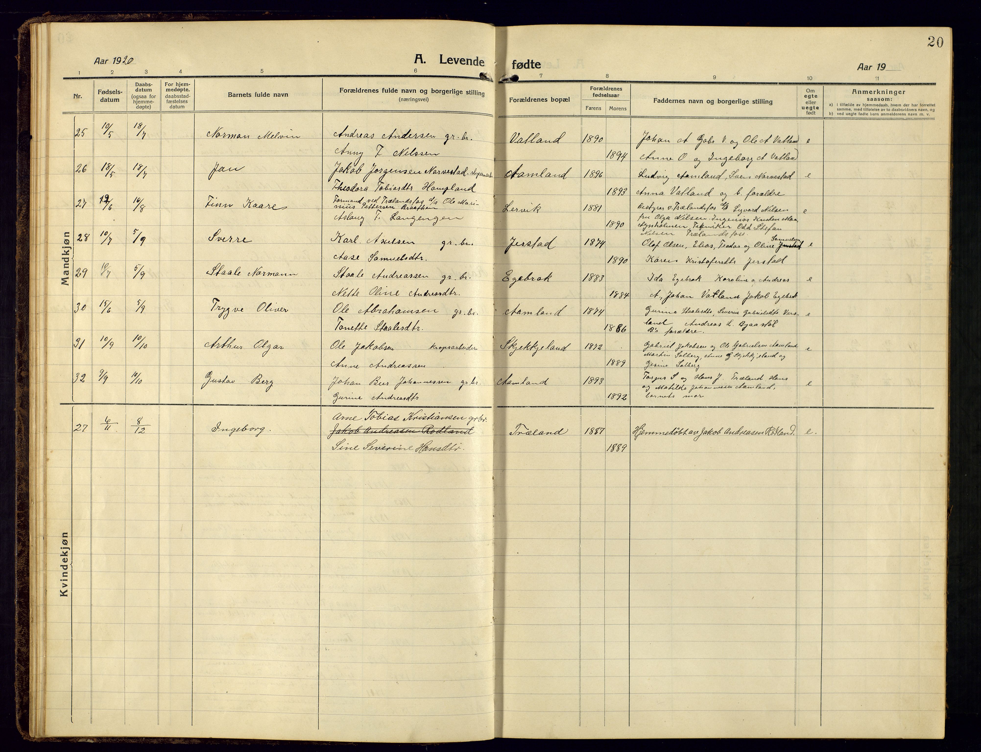 Kvinesdal sokneprestkontor, SAK/1111-0026/F/Fb/Fbb/L0004: Parish register (copy) no. B 4, 1917-1938, p. 20