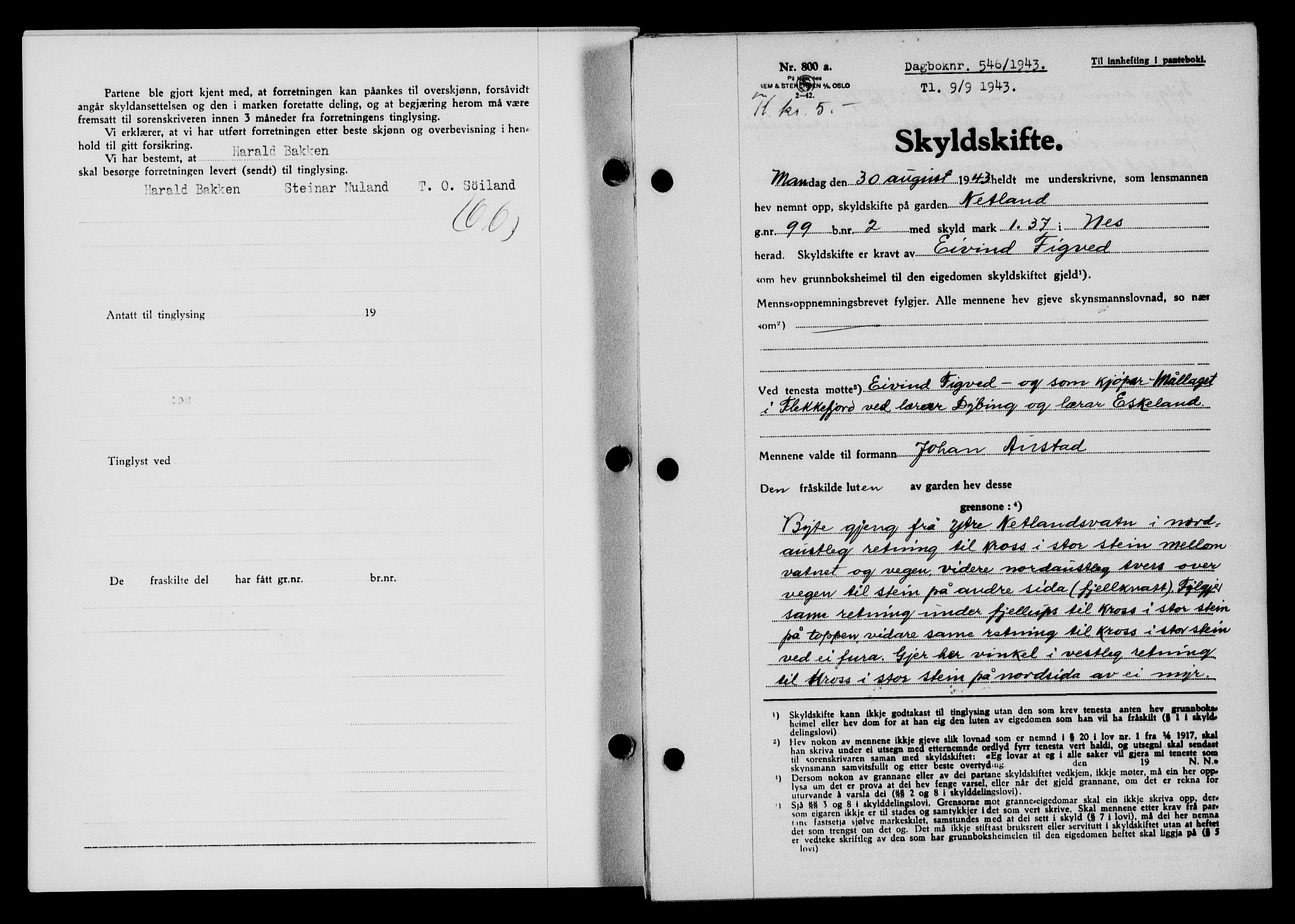 Flekkefjord sorenskriveri, SAK/1221-0001/G/Gb/Gba/L0058: Mortgage book no. A-6, 1942-1944, Diary no: : 546/1943