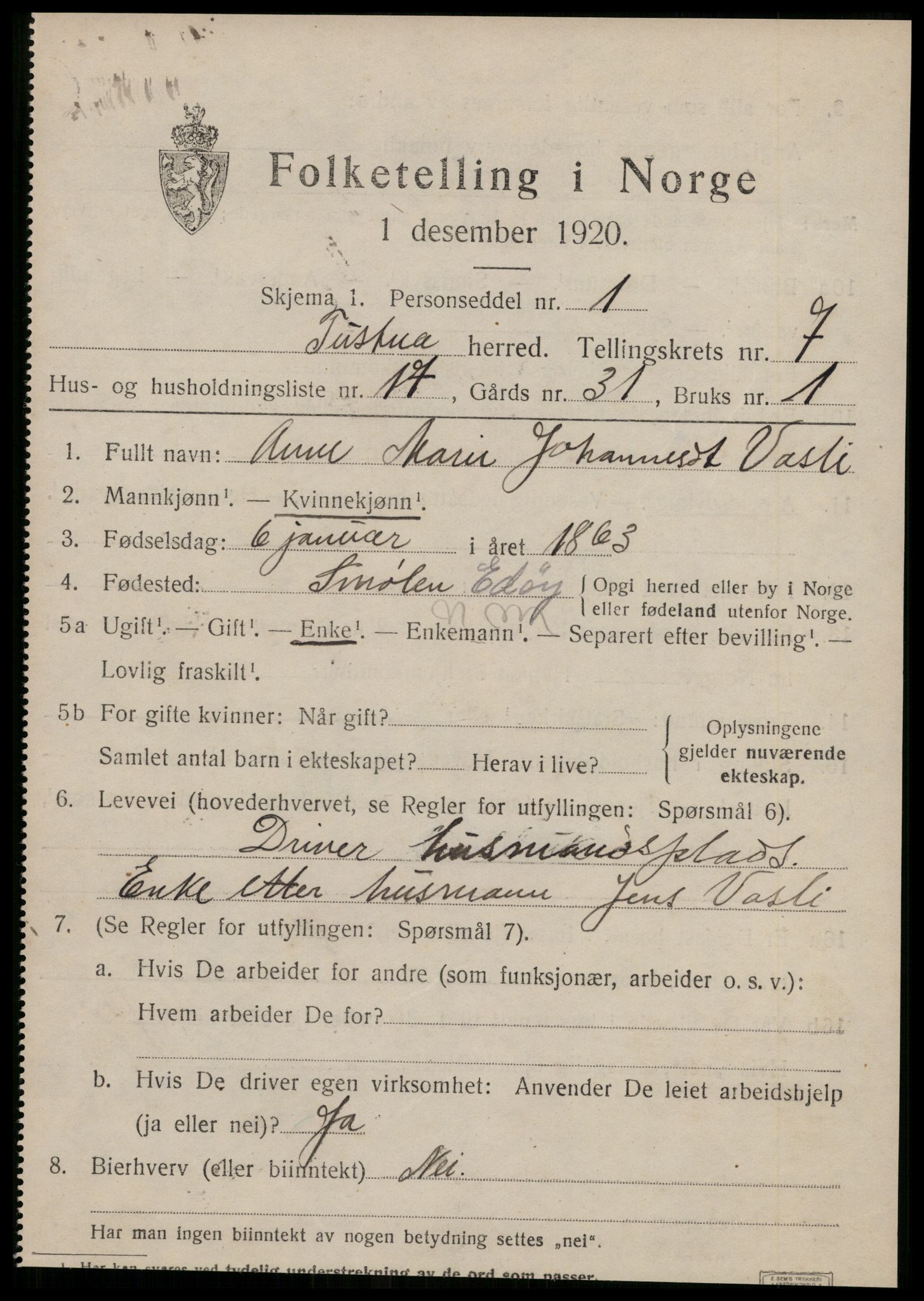 SAT, 1920 census for Tustna, 1920, p. 3255