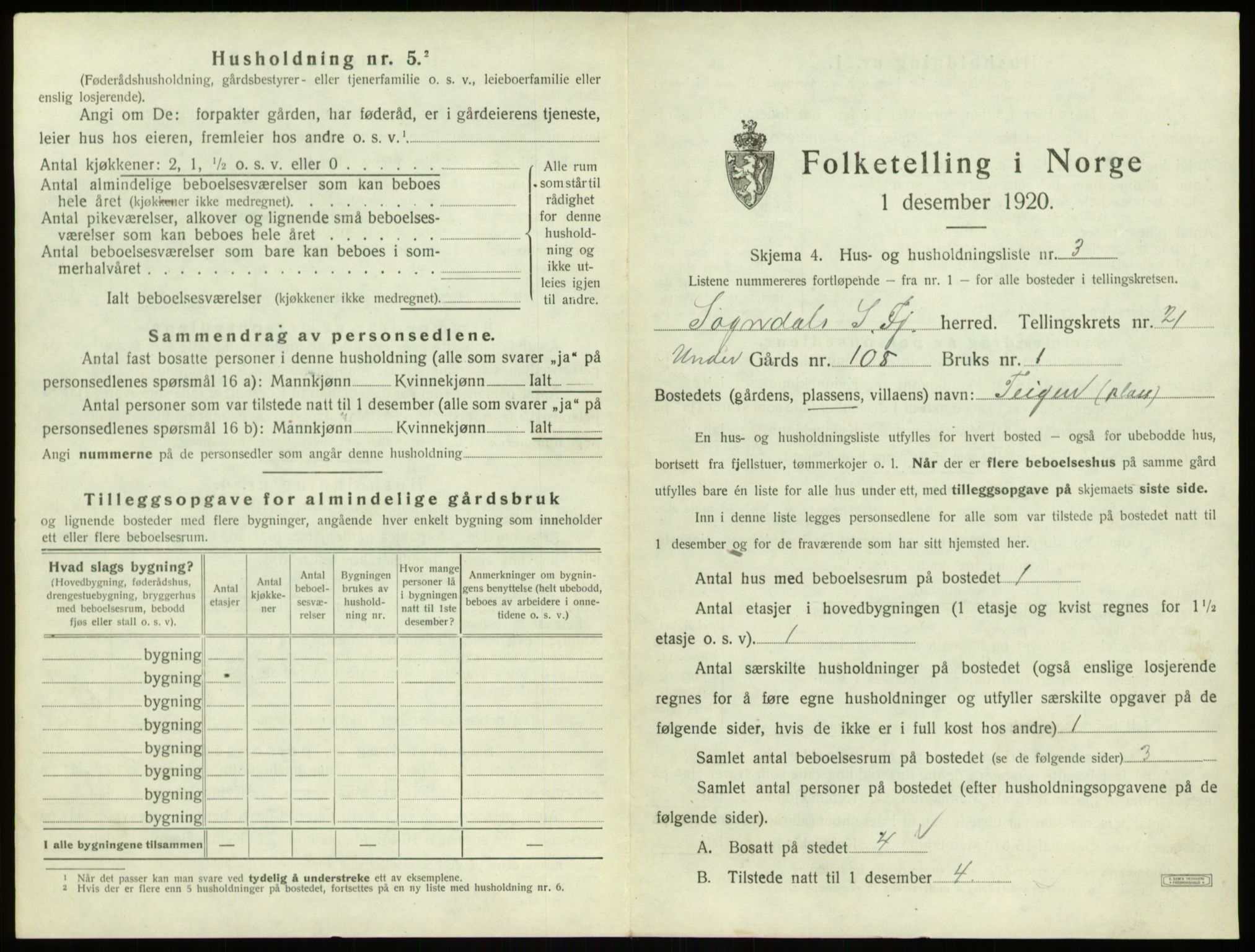 SAB, 1920 census for Sogndal, 1920, p. 1137