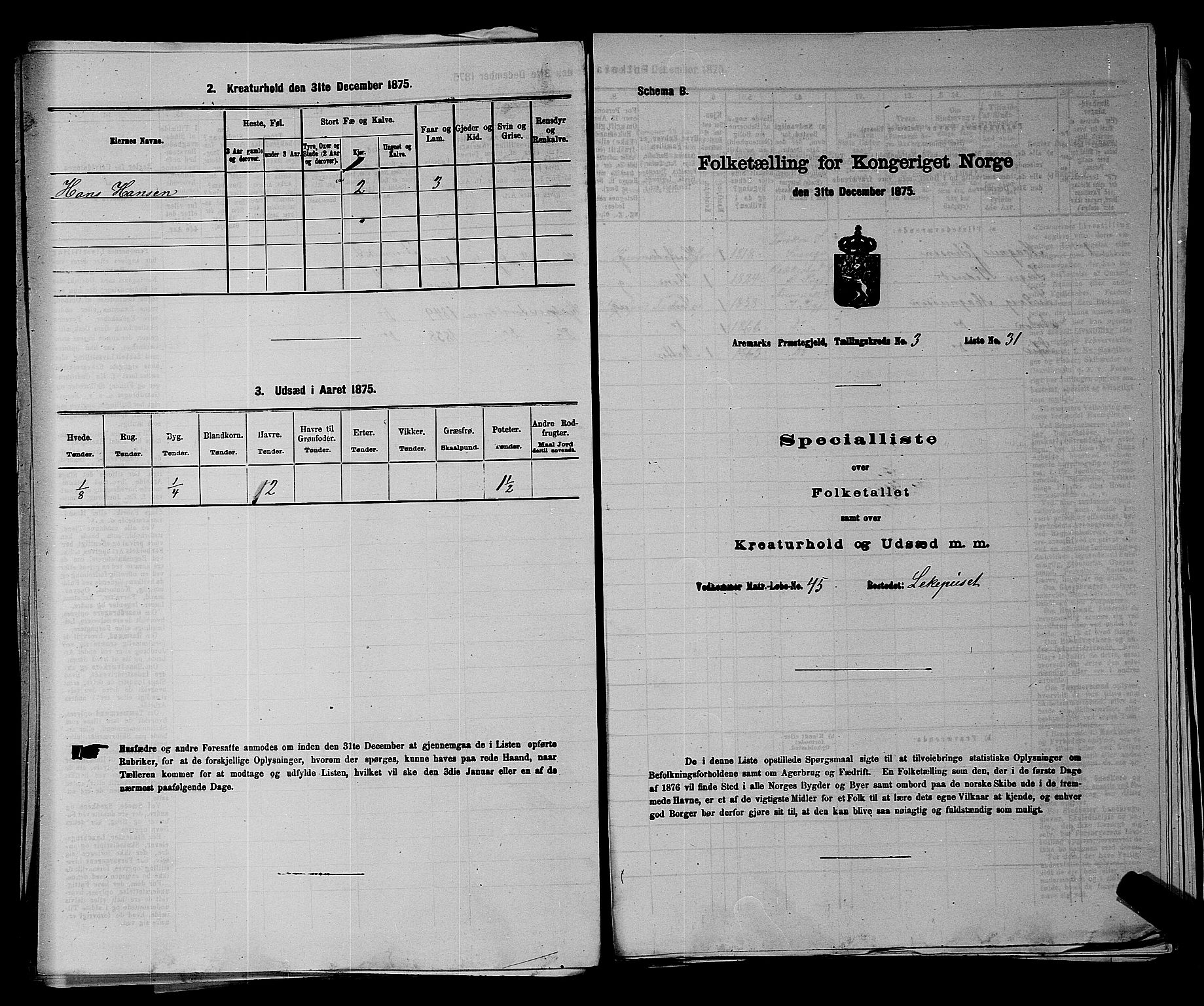 RA, 1875 census for 0118P Aremark, 1875, p. 449