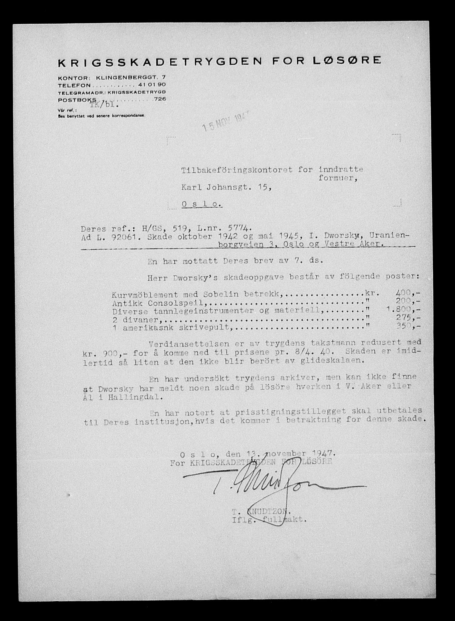 Justisdepartementet, Tilbakeføringskontoret for inndratte formuer, AV/RA-S-1564/H/Hc/Hcc/L0931: --, 1945-1947, p. 413