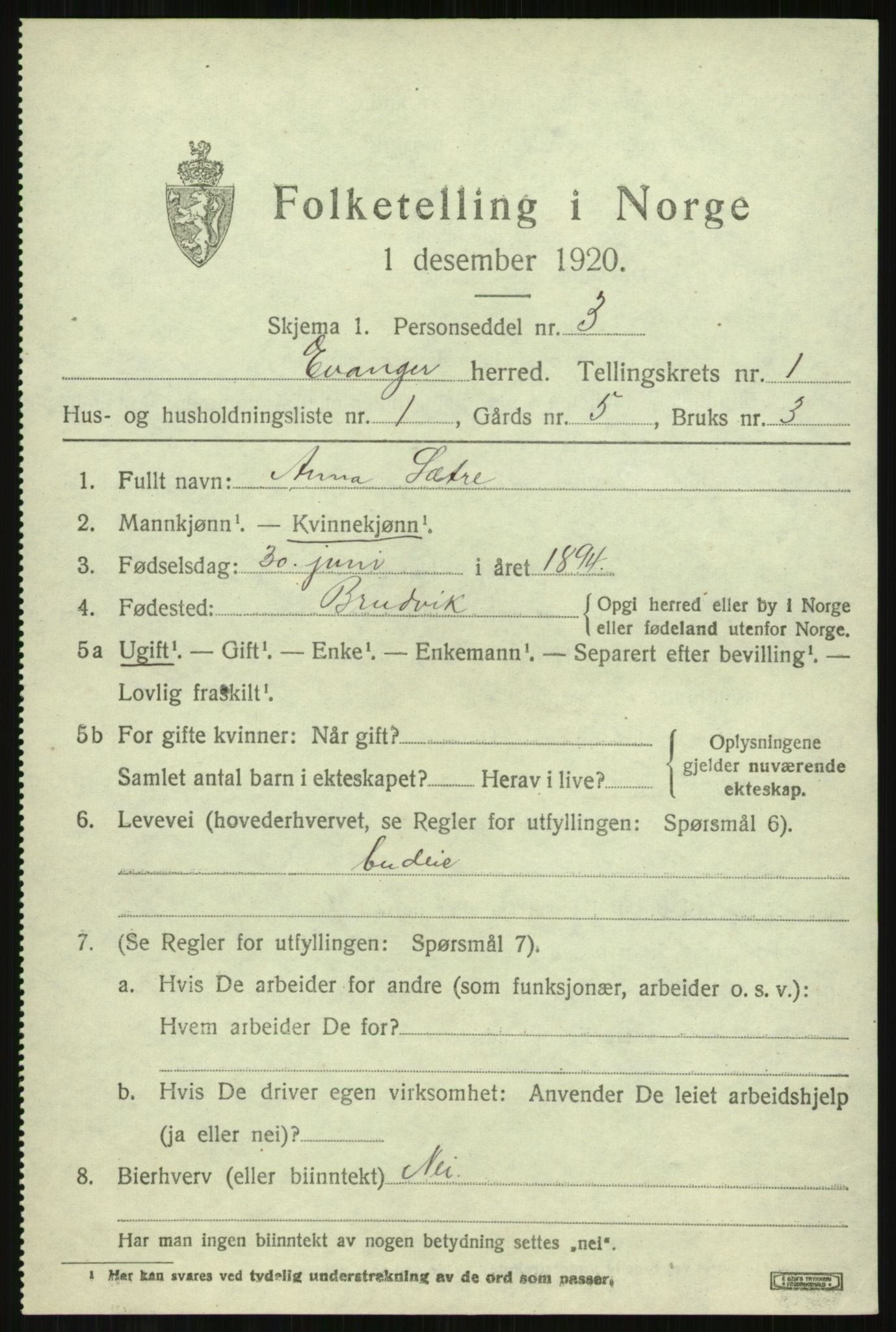 SAB, 1920 census for Evanger, 1920, p. 707