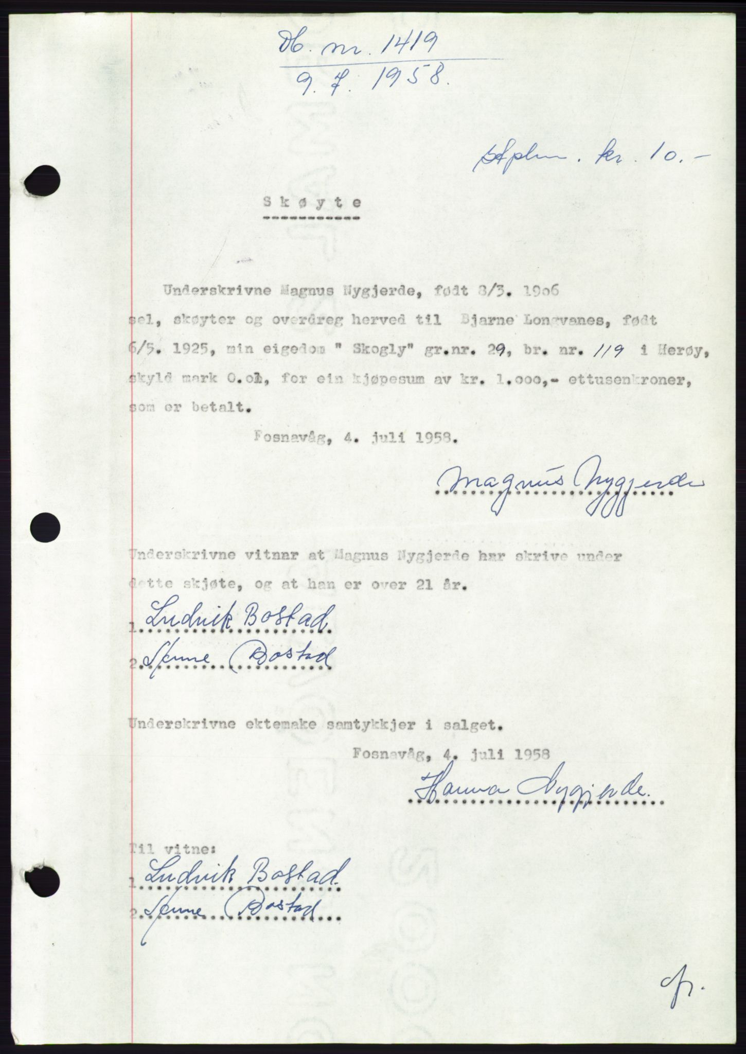 Søre Sunnmøre sorenskriveri, AV/SAT-A-4122/1/2/2C/L0110: Mortgage book no. 36A, 1958-1958, Diary no: : 1419/1958