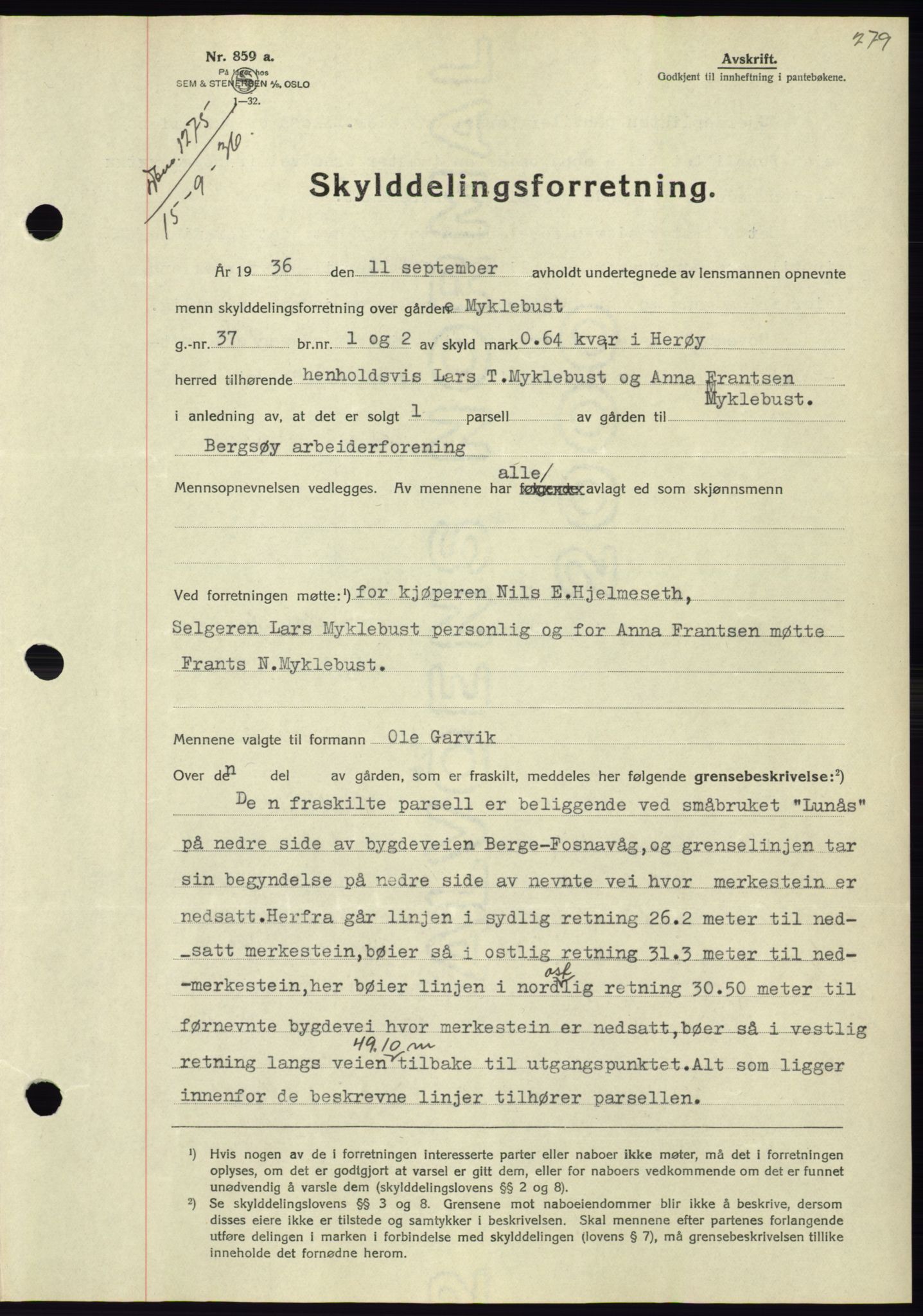 Søre Sunnmøre sorenskriveri, AV/SAT-A-4122/1/2/2C/L0061: Mortgage book no. 55, 1936-1936, Diary no: : 1275/1936