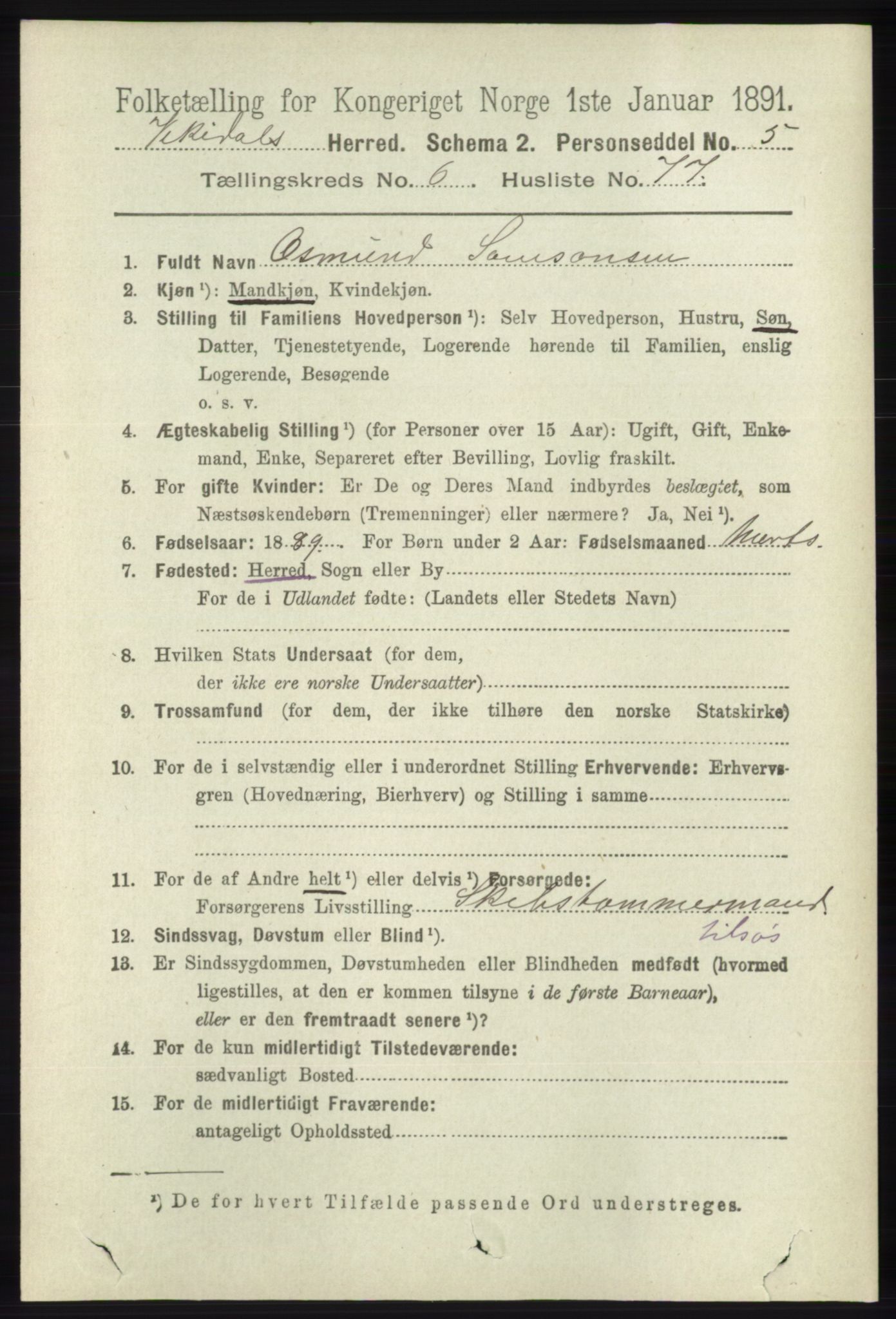 RA, 1891 census for 1157 Vikedal, 1891, p. 1987