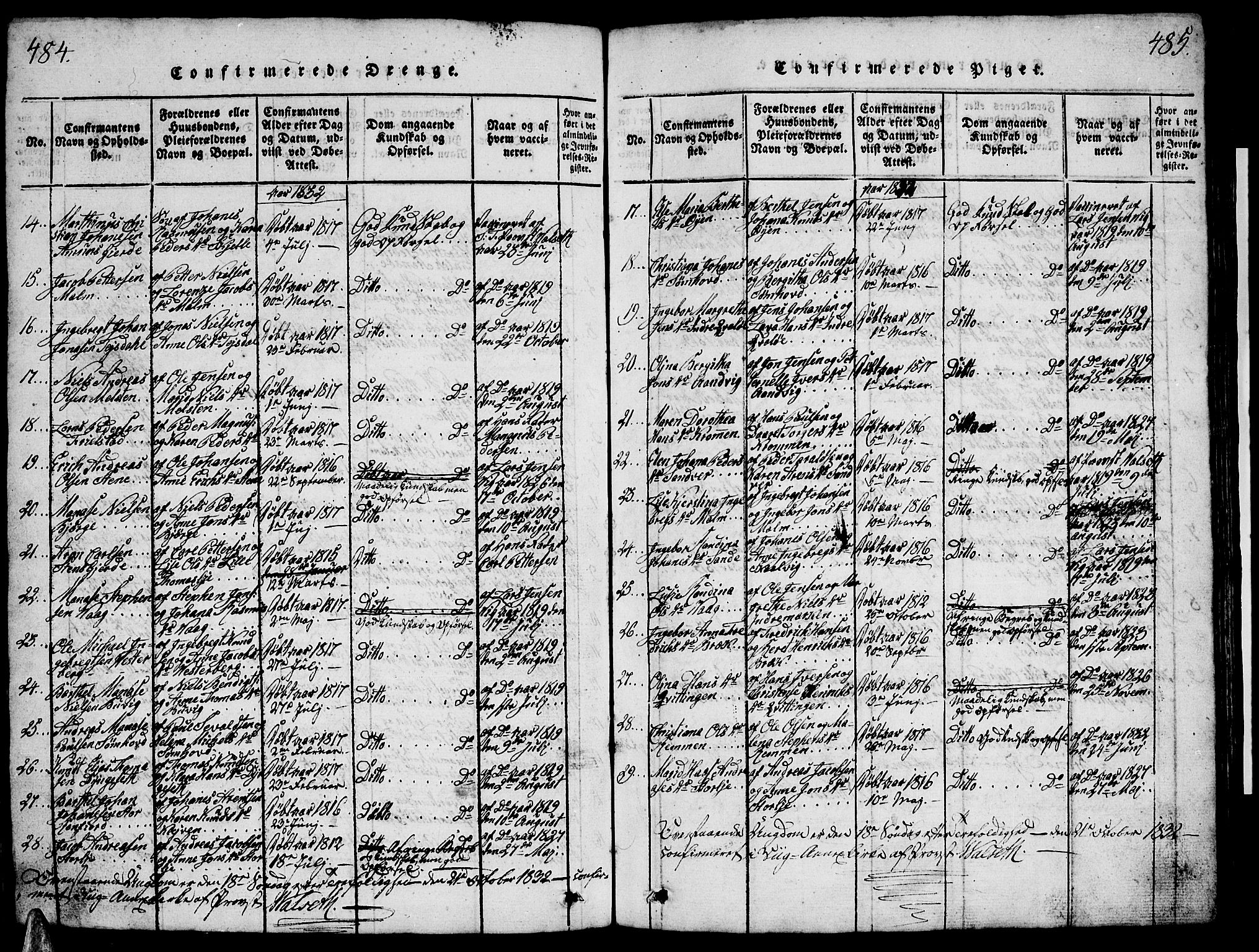 Ministerialprotokoller, klokkerbøker og fødselsregistre - Nordland, AV/SAT-A-1459/812/L0186: Parish register (copy) no. 812C04, 1820-1849, p. 484-485