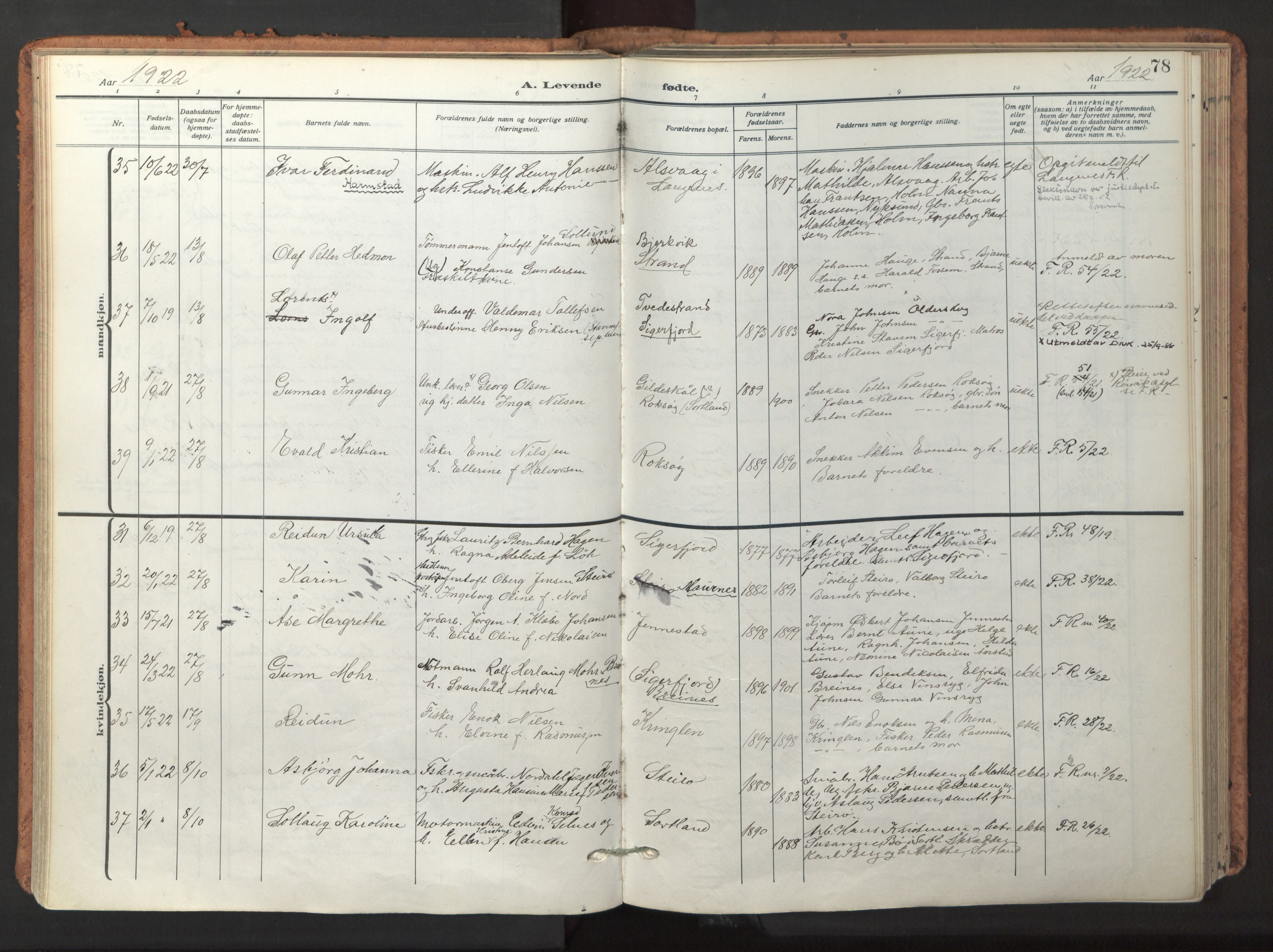 Ministerialprotokoller, klokkerbøker og fødselsregistre - Nordland, AV/SAT-A-1459/895/L1374: Parish register (official) no. 895A09, 1915-1925, p. 78