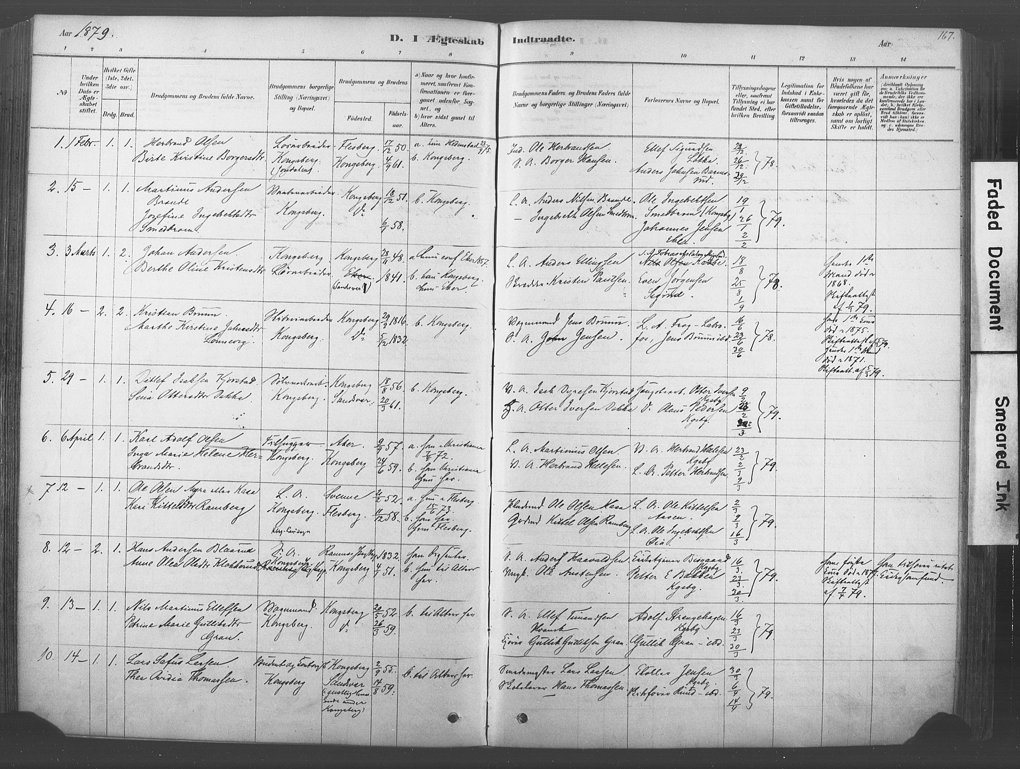 Kongsberg kirkebøker, SAKO/A-22/F/Fb/L0001: Parish register (official) no. II 1, 1878-1886, p. 167