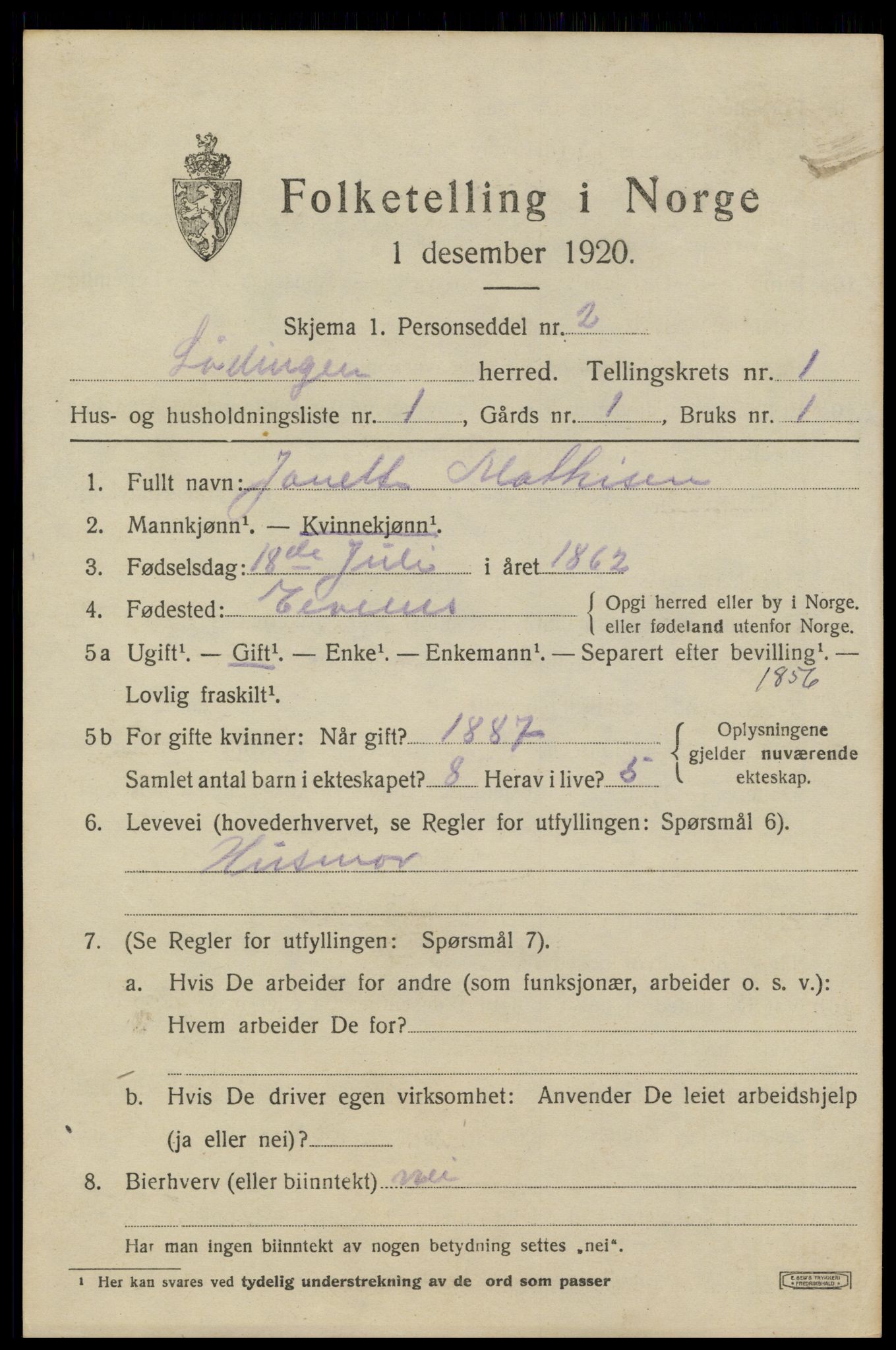 SAT, 1920 census for Lødingen, 1920, p. 1027