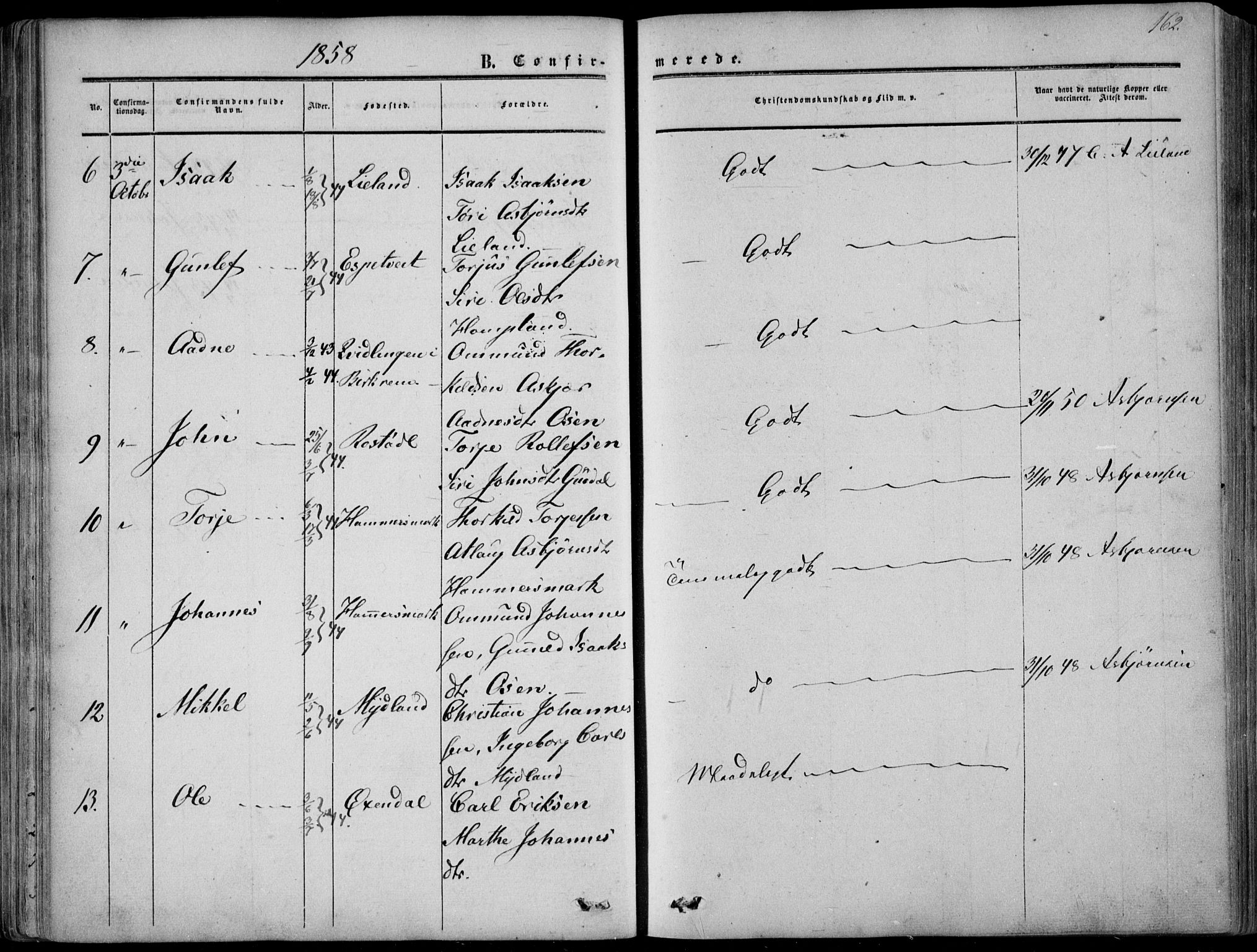 Sirdal sokneprestkontor, AV/SAK-1111-0036/F/Fa/Fab/L0002: Parish register (official) no. A 2, 1855-1874, p. 162