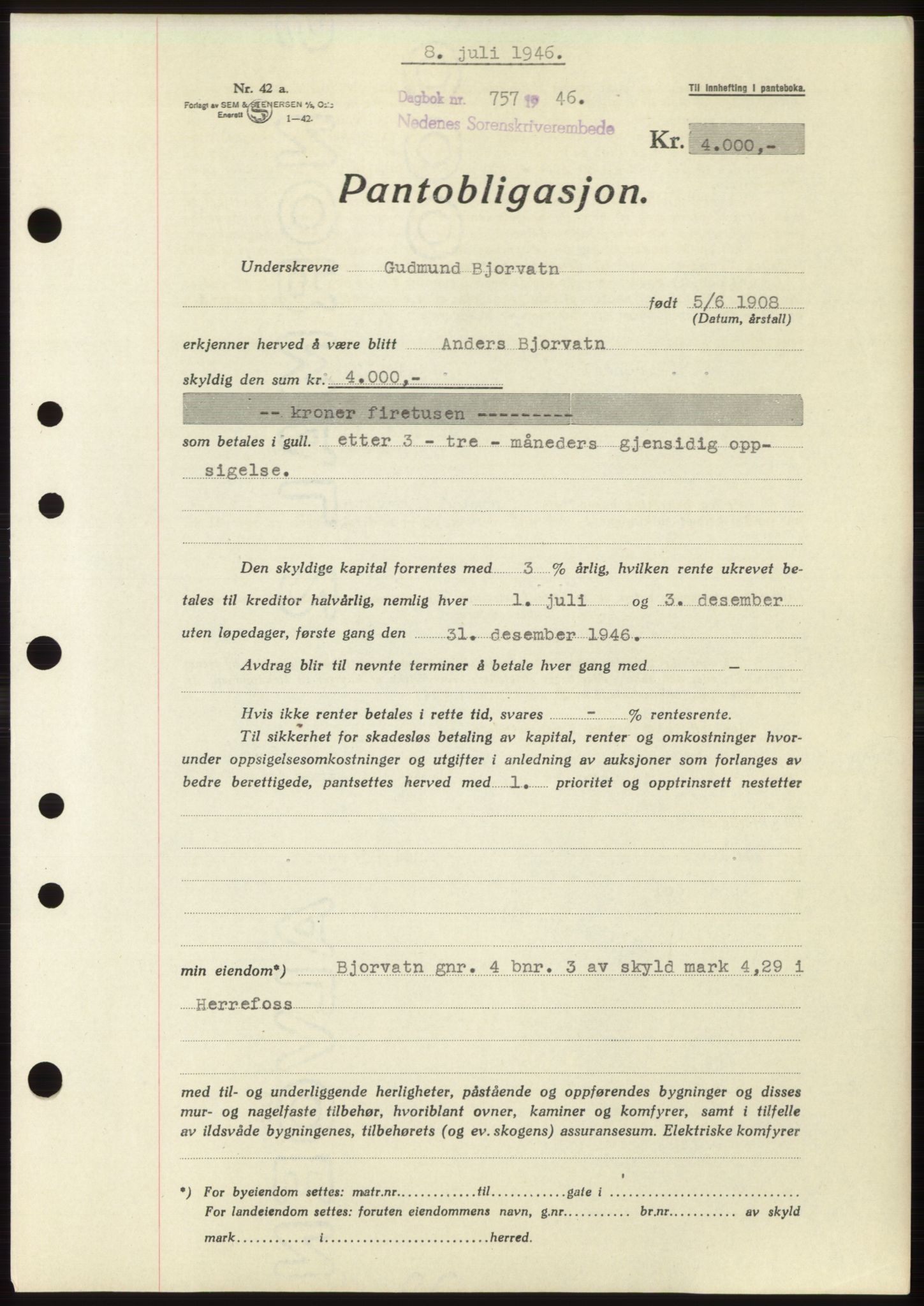 Nedenes sorenskriveri, SAK/1221-0006/G/Gb/Gbb/L0003: Mortgage book no. B3b, 1946-1946, Diary no: : 757/1946