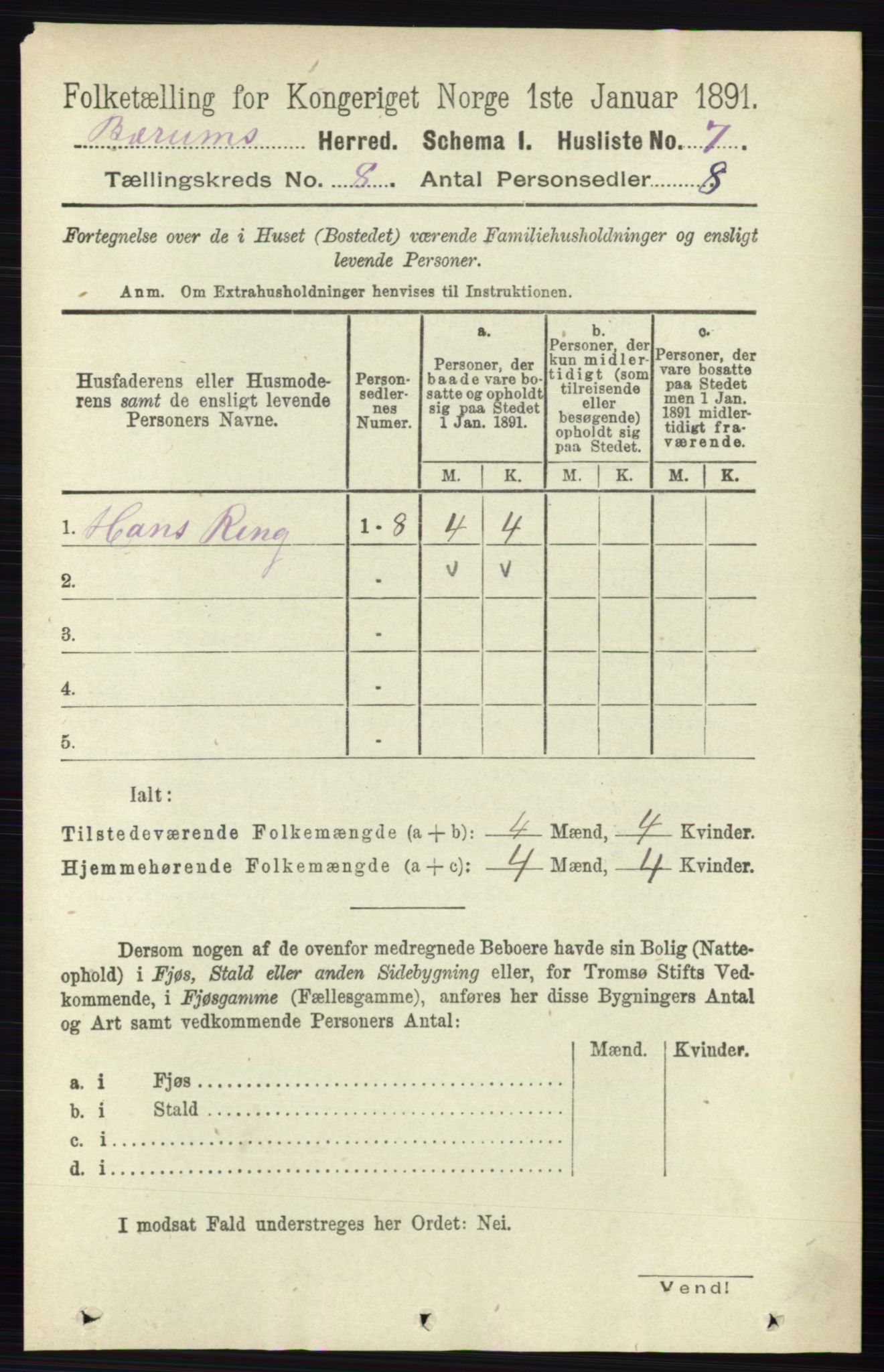 RA, 1891 census for 0219 Bærum, 1891, p. 4447