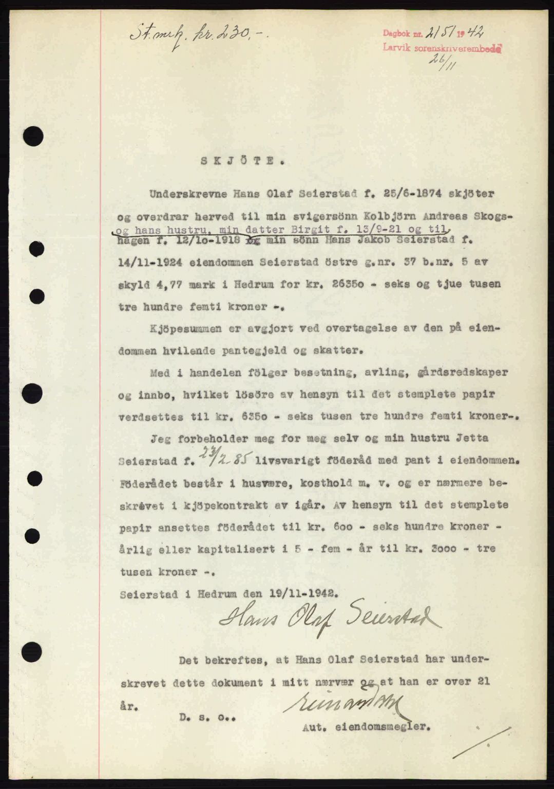 Larvik sorenskriveri, AV/SAKO-A-83/G/Ga/Gab/L0076: Mortgage book no. A-10, 1942-1943, Diary no: : 2151/1942