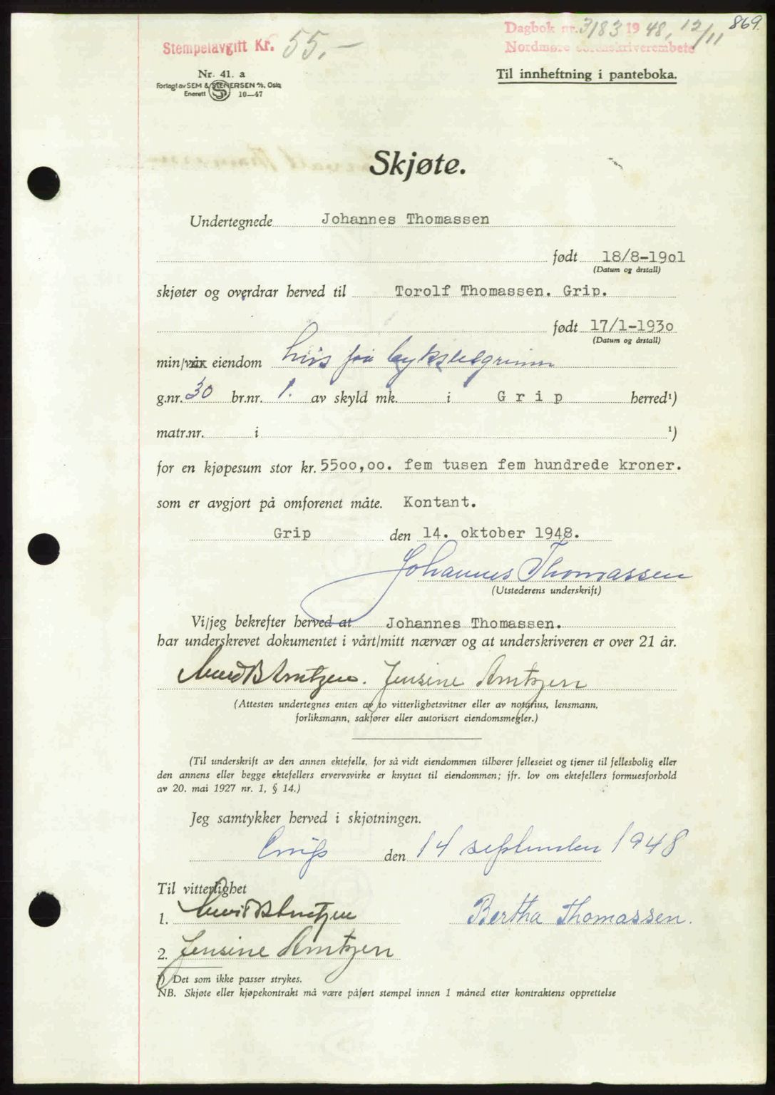 Nordmøre sorenskriveri, AV/SAT-A-4132/1/2/2Ca: Mortgage book no. A109, 1948-1948, Diary no: : 3183/1948