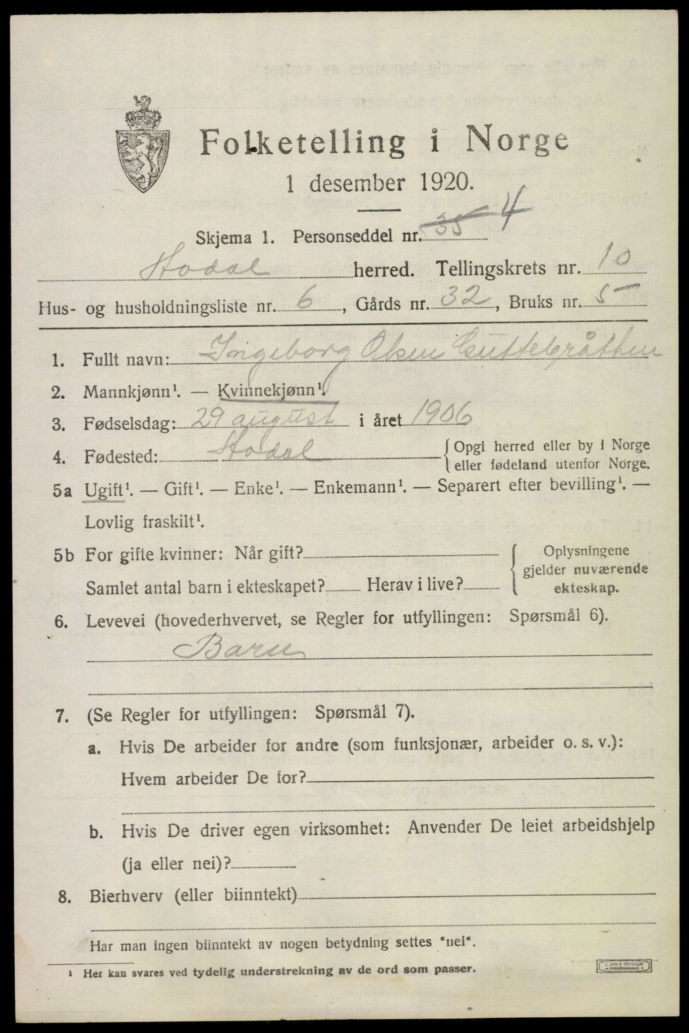 SAKO, 1920 census for Ådal, 1920, p. 6596