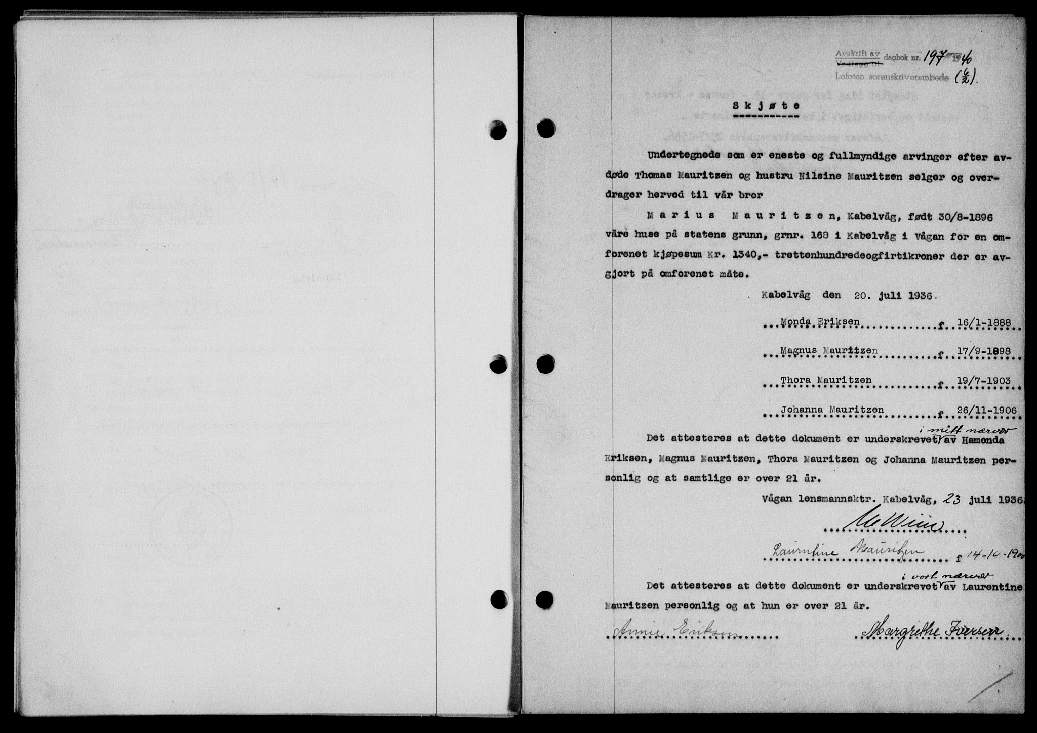 Lofoten sorenskriveri, SAT/A-0017/1/2/2C/L0007a: Mortgage book no. 7a, 1939-1940, Diary no: : 197/1940