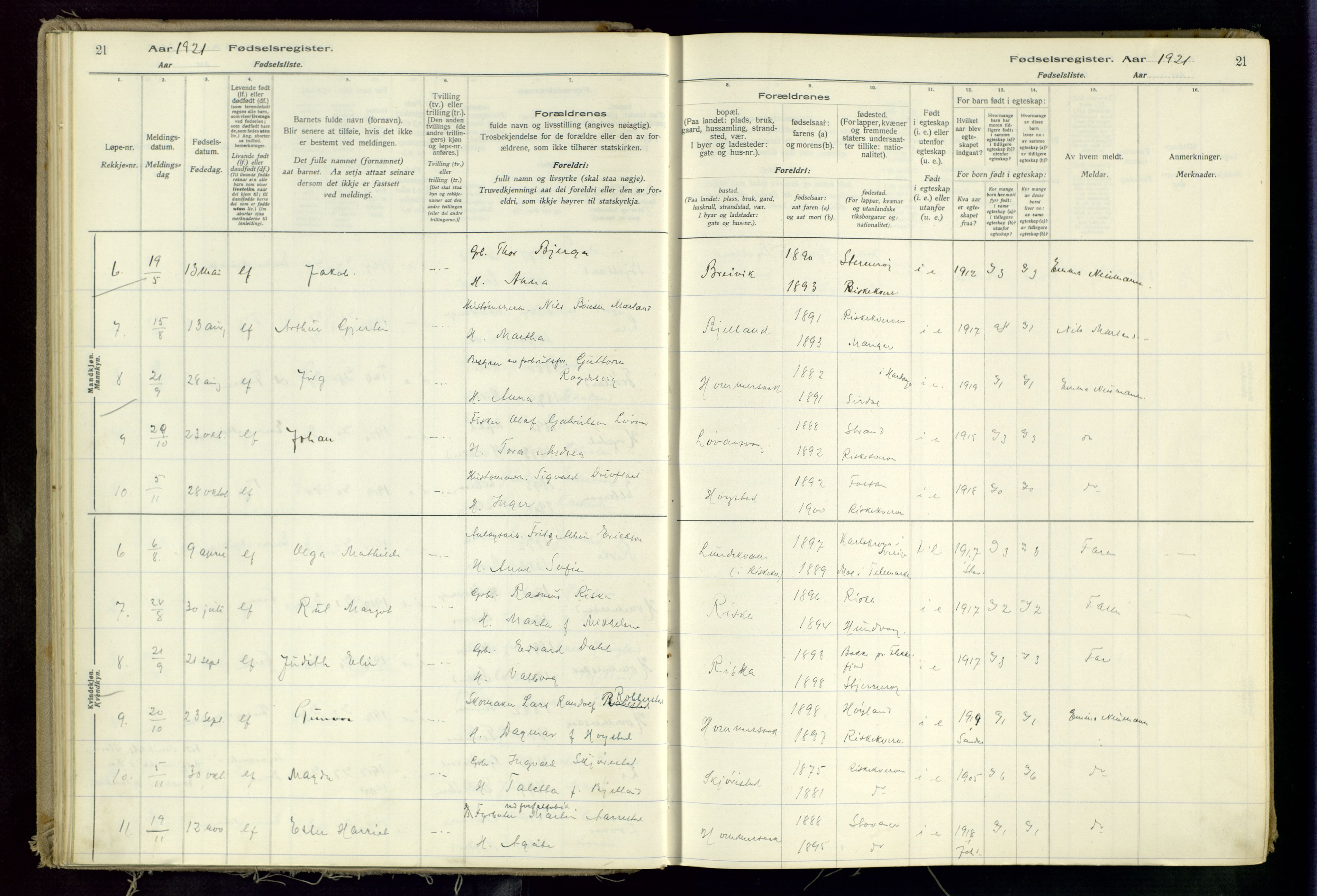 Hetland sokneprestkontor, SAST/A-101826/70/704BA/L0002: Birth register no. 2, 1916-1968, p. 21