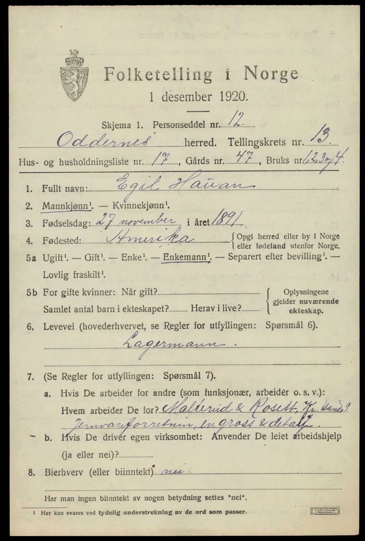 SAK, 1920 census for Oddernes, 1920, p. 8145