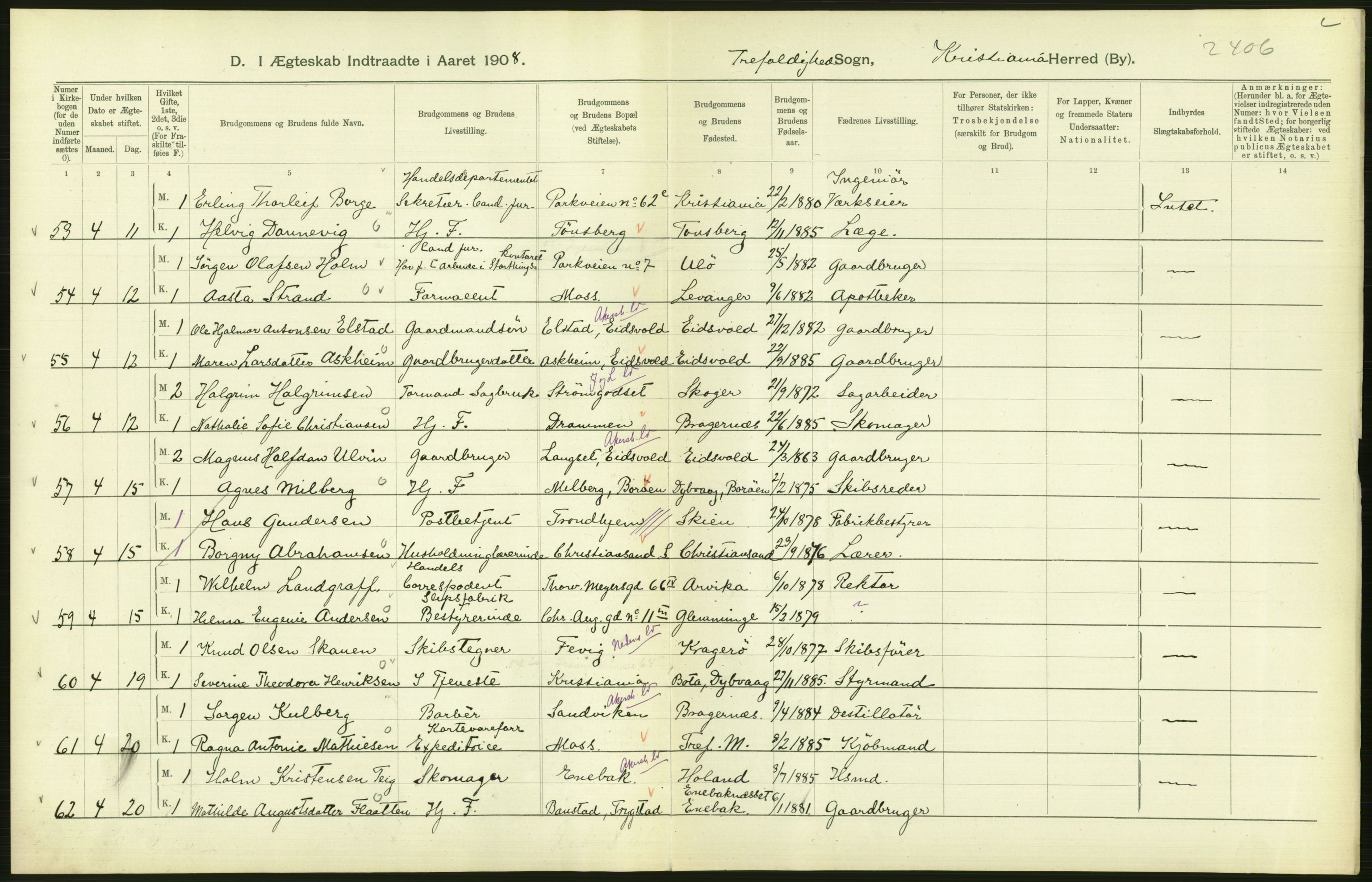 Statistisk sentralbyrå, Sosiodemografiske emner, Befolkning, AV/RA-S-2228/D/Df/Dfa/Dfaf/L0007: Kristiania: Gifte, 1908, p. 412