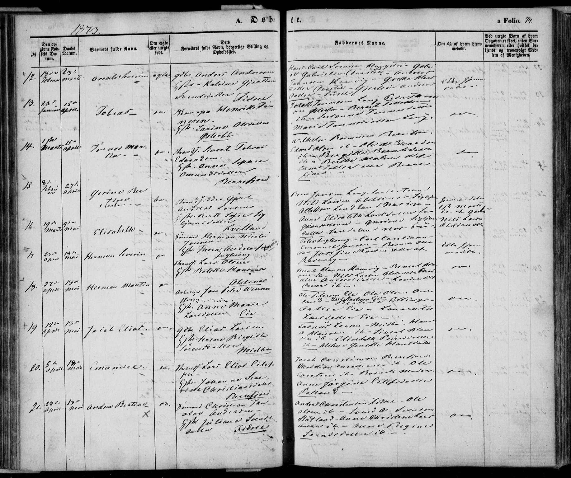 Flekkefjord sokneprestkontor, SAK/1111-0012/F/Fa/Fab/L0004: Parish register (official) no. A 4, 1850-1875, p. 74
