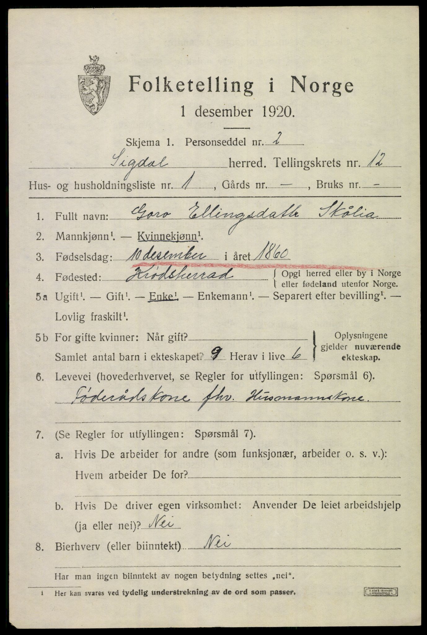 SAKO, 1920 census for Sigdal, 1920, p. 7640