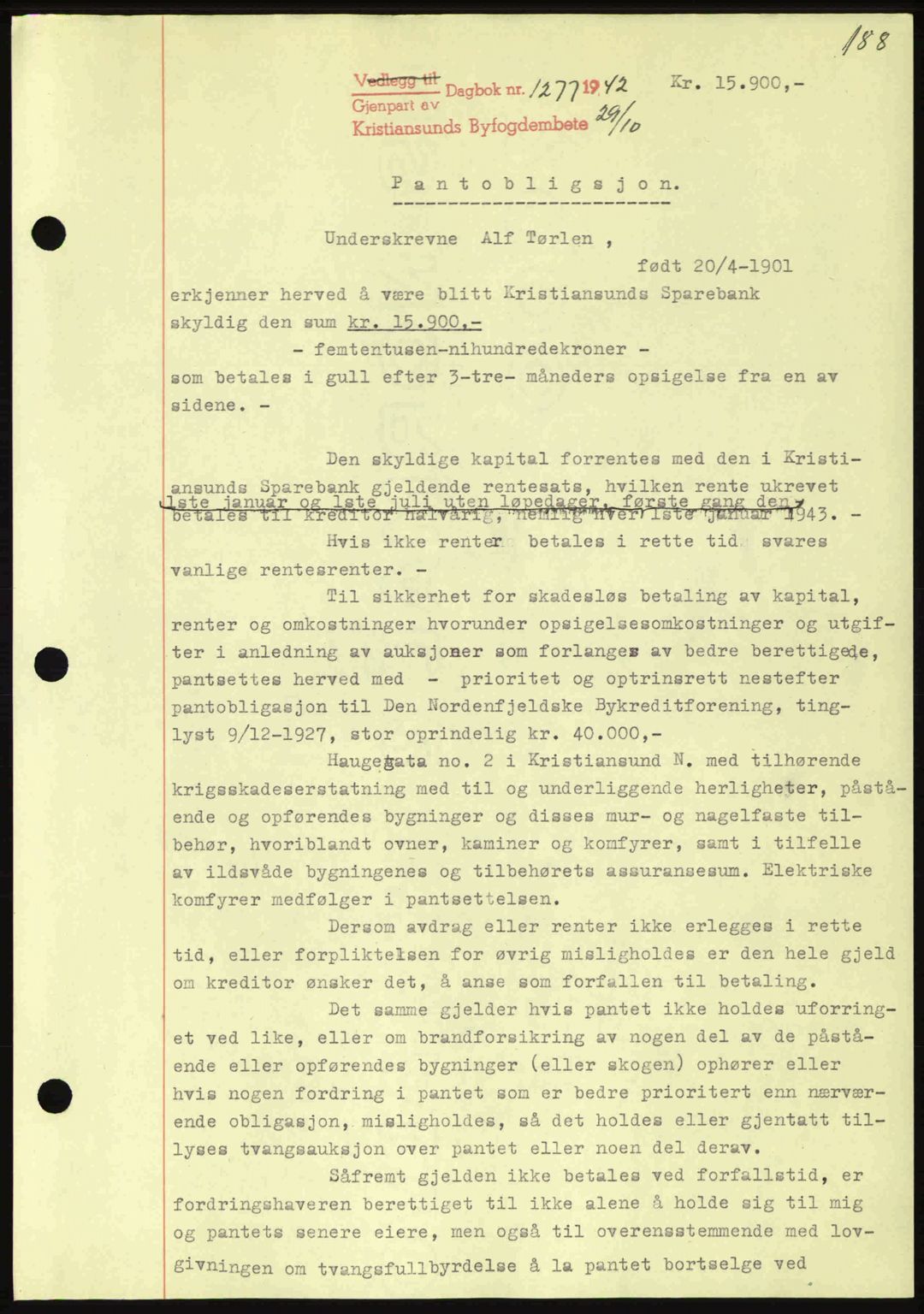 Kristiansund byfogd, SAT/A-4587/A/27: Mortgage book no. 36, 1942-1943, Diary no: : 1277/1942