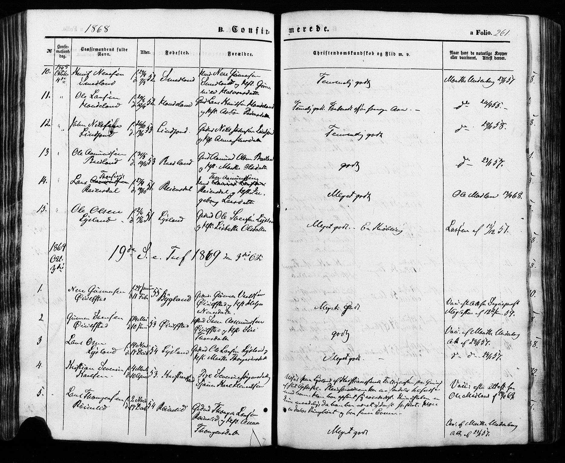 Åseral sokneprestkontor, SAK/1111-0051/F/Fa/L0002: Parish register (official) no. A 2, 1854-1884, p. 261