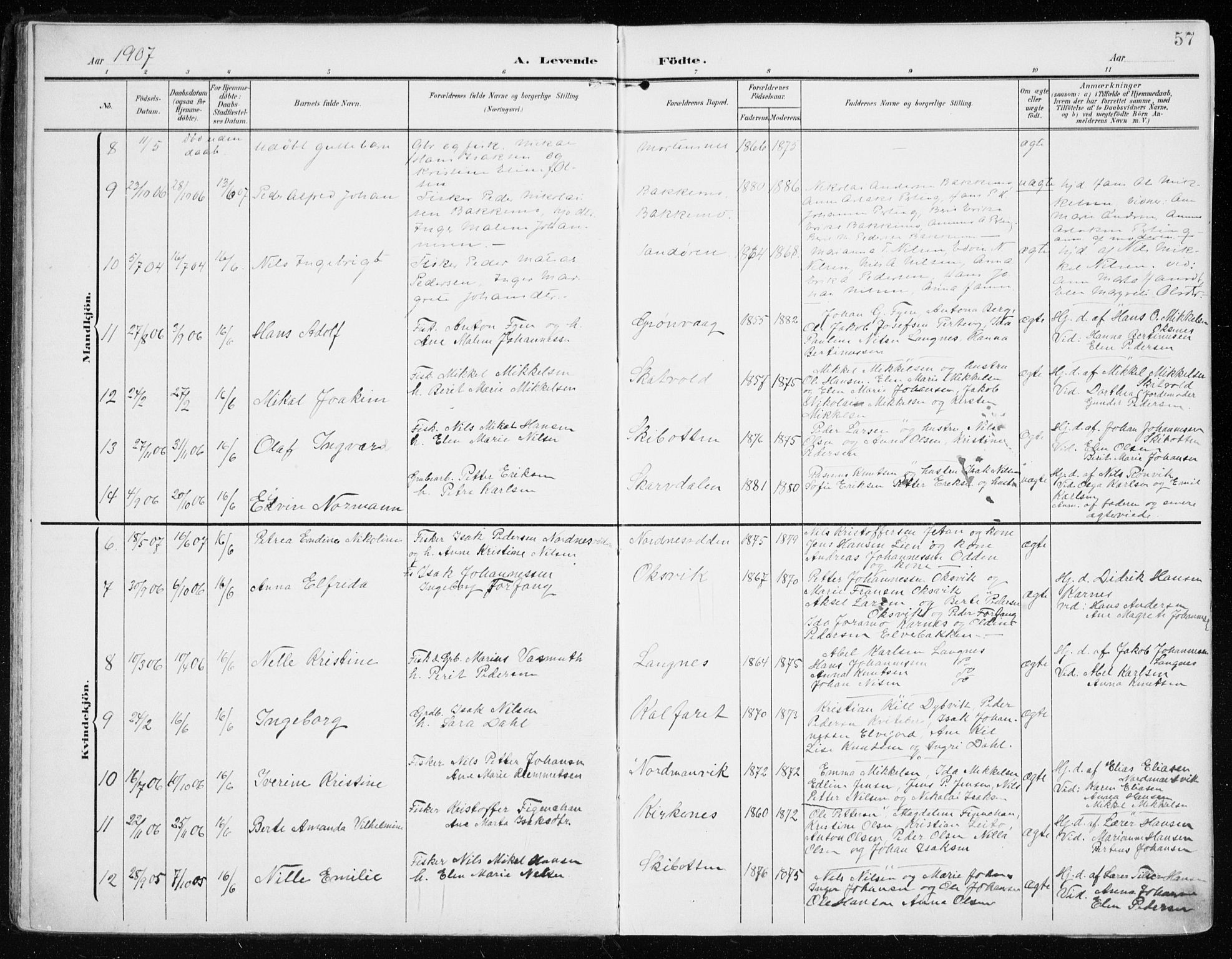 Lyngen sokneprestembete, AV/SATØ-S-1289/H/He/Hea/L0011kirke: Parish register (official) no. 11, 1903-1913, p. 57