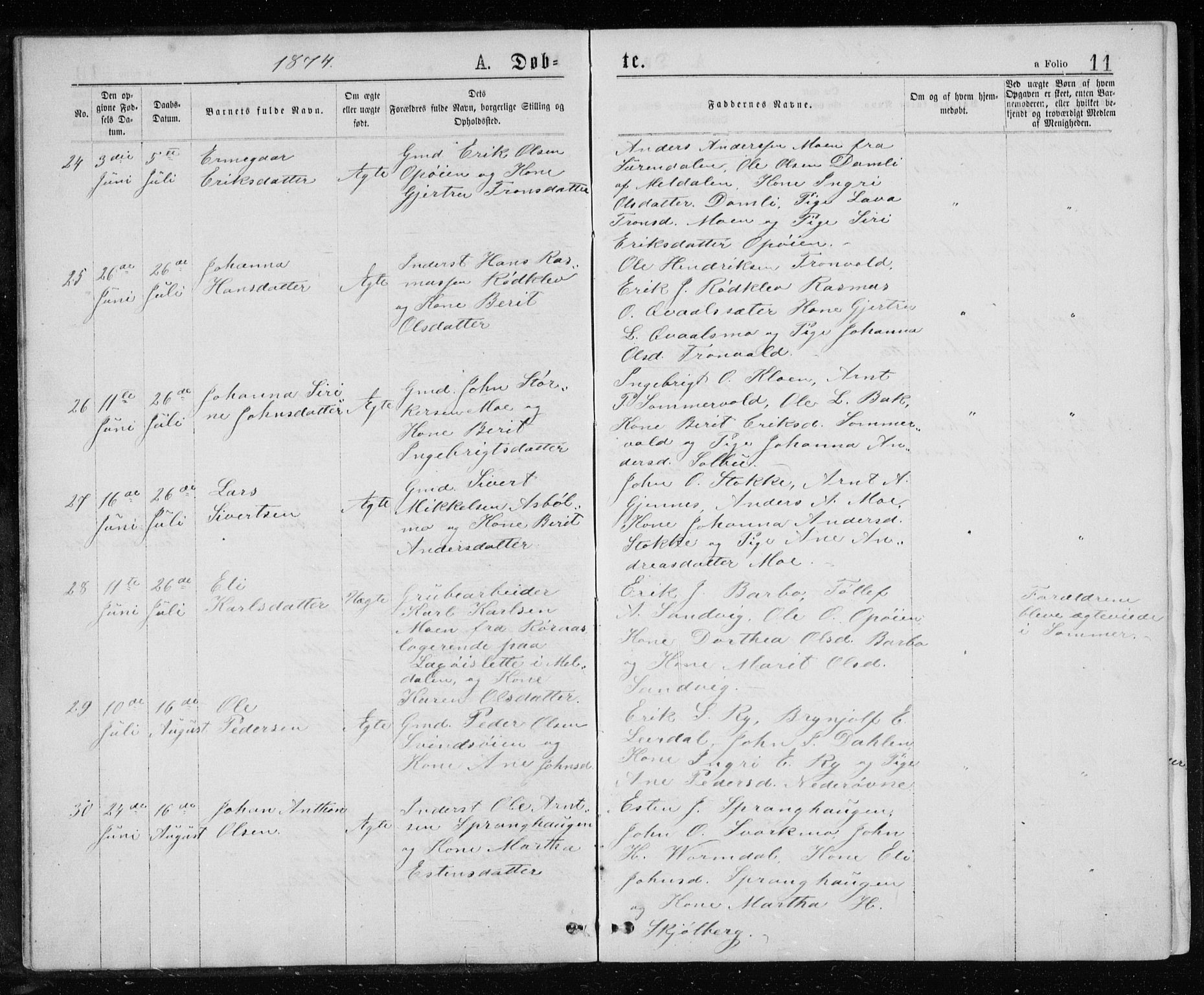 Ministerialprotokoller, klokkerbøker og fødselsregistre - Sør-Trøndelag, AV/SAT-A-1456/671/L0843: Parish register (copy) no. 671C02, 1873-1892, p. 11