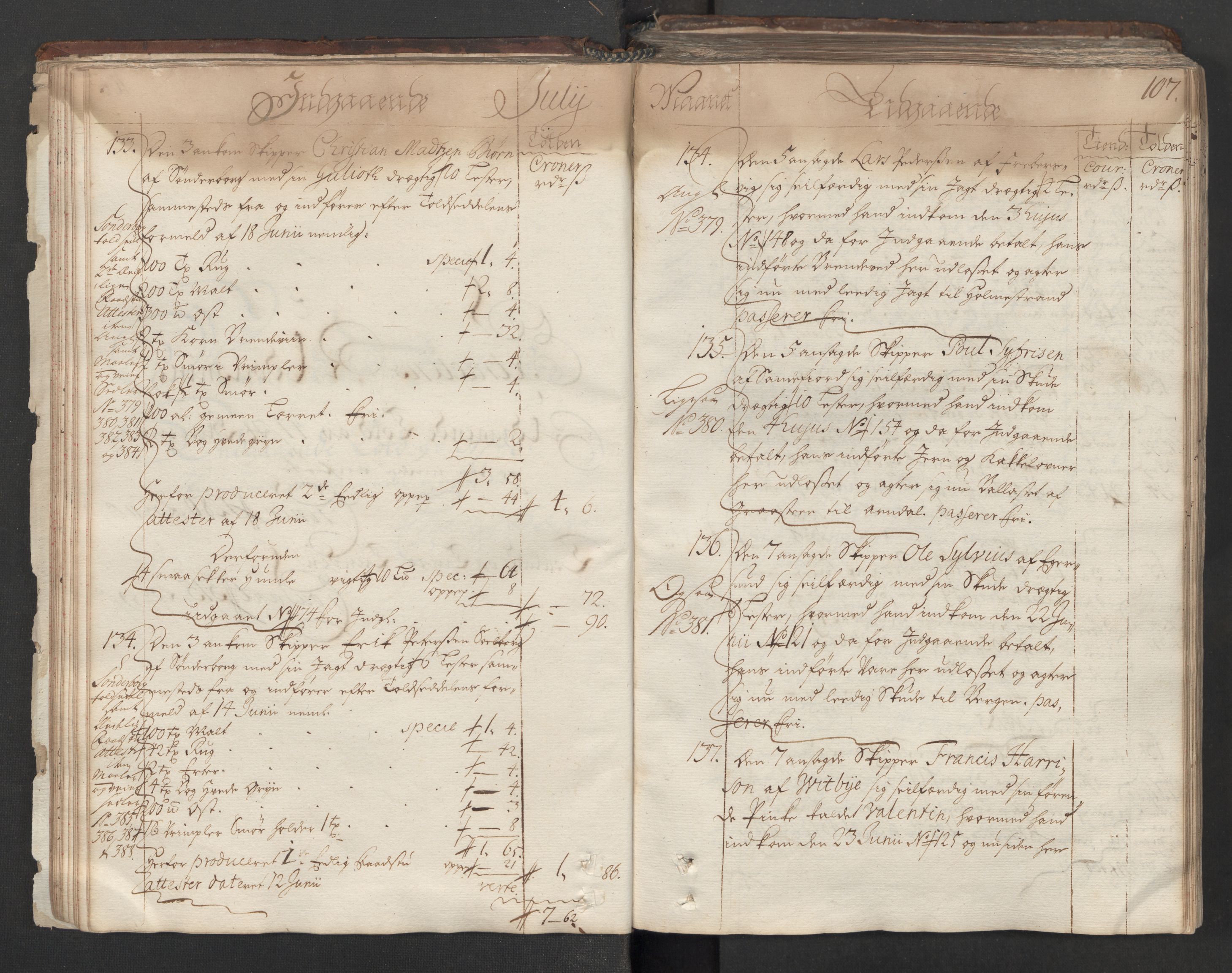 Generaltollkammeret, tollregnskaper, AV/RA-EA-5490/R06/L0012/0001: Tollregnskaper Kristiania / Hovedtollbok, 1731, p. 106b-107a