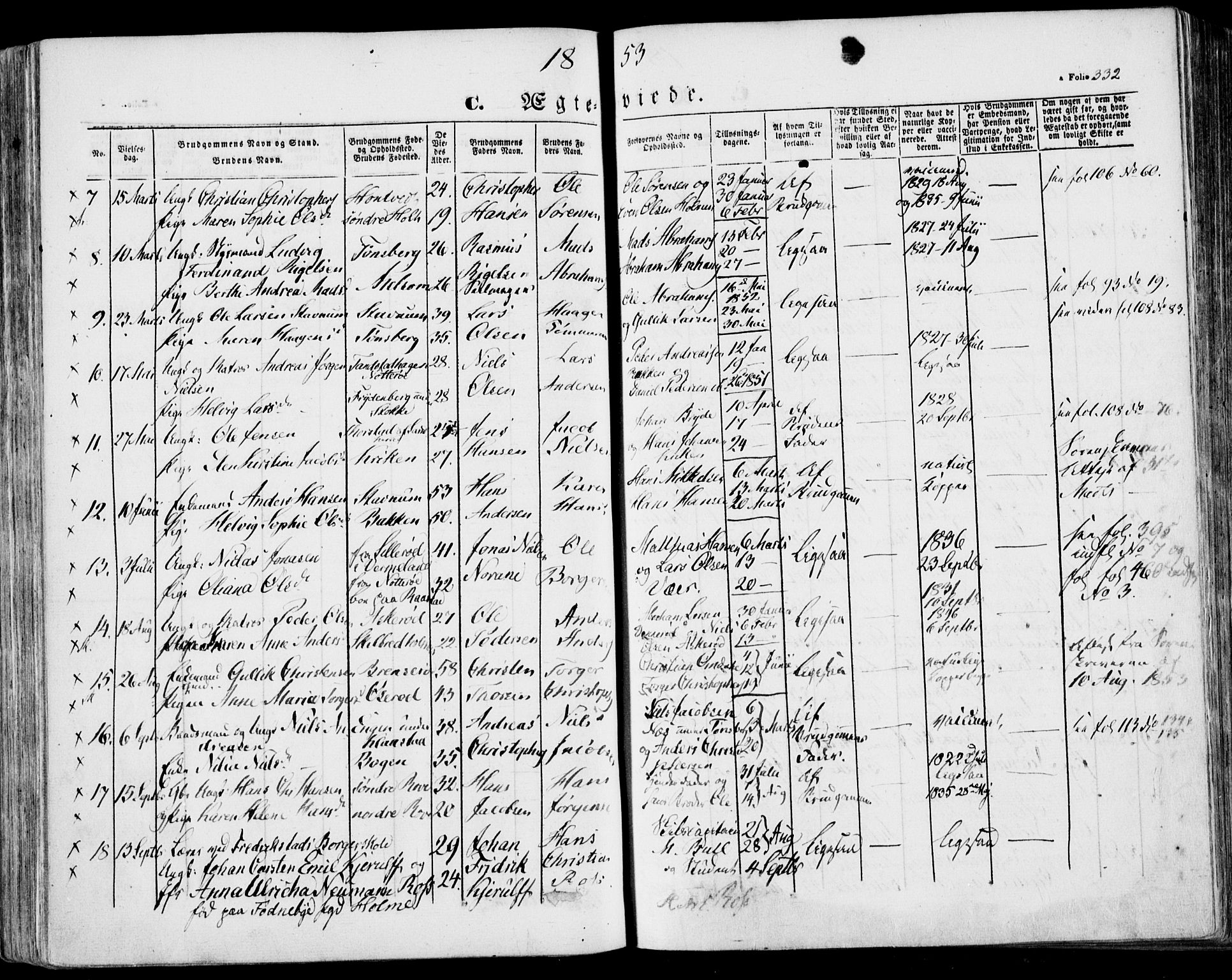 Stokke kirkebøker, AV/SAKO-A-320/F/Fa/L0007: Parish register (official) no. I 7, 1844-1857, p. 332