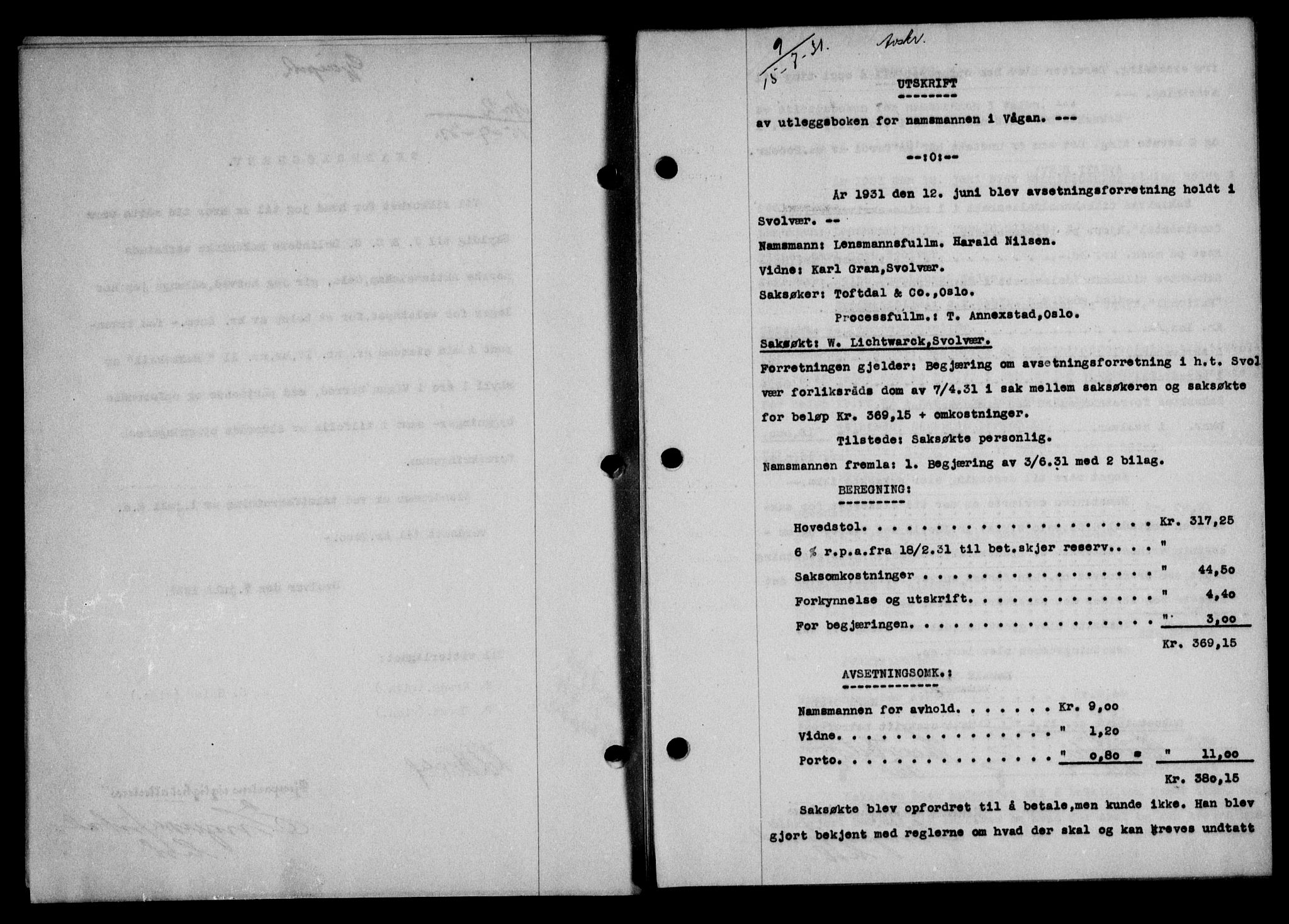 Lofoten sorenskriveri, SAT/A-0017/1/2/2C/L0024b: Mortgage book no. 24b, 1931-1931, Deed date: 15.07.1931