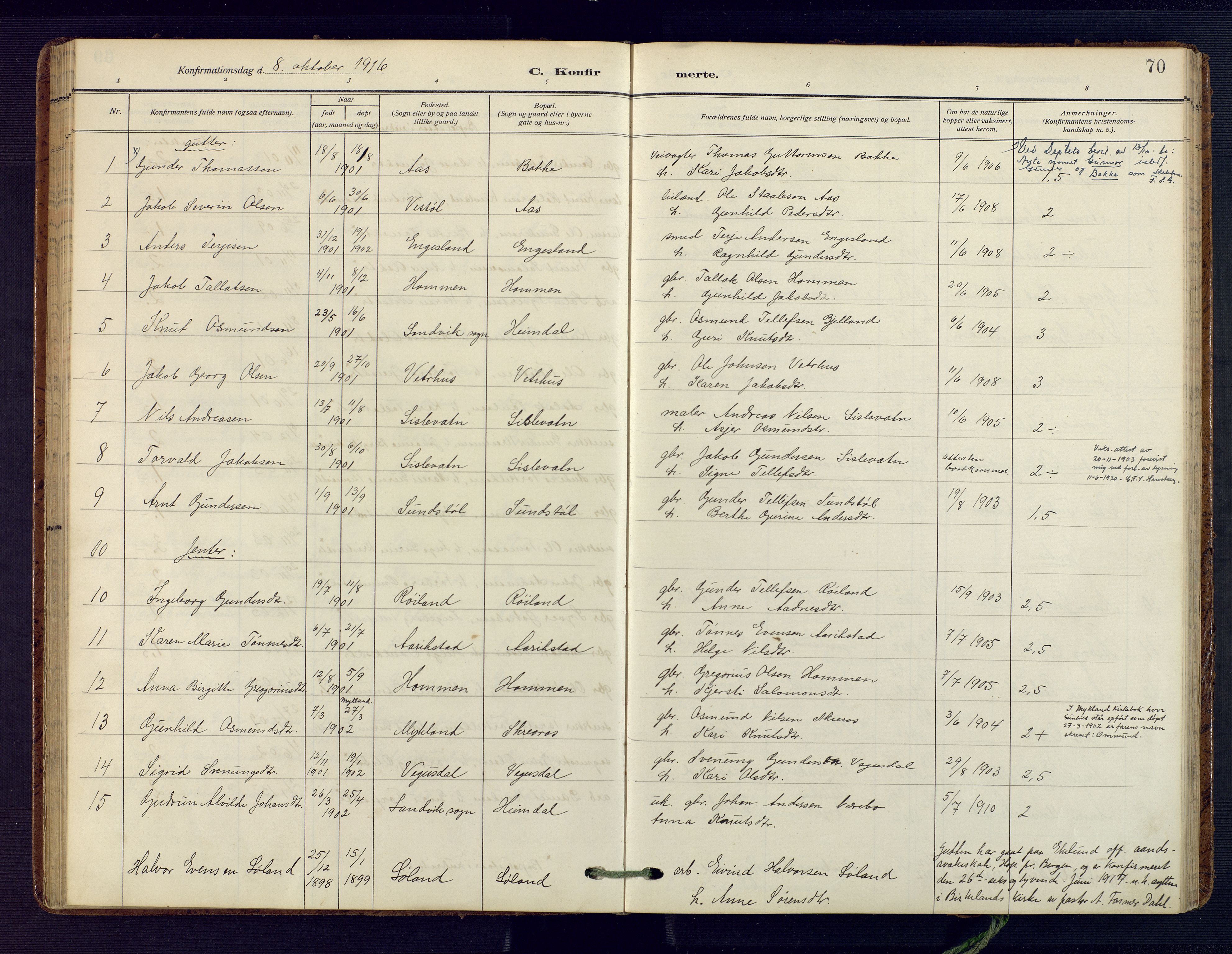 Herefoss sokneprestkontor, AV/SAK-1111-0019/F/Fa/Fab/L0005: Parish register (official) no. A 5, 1910-1932, p. 70