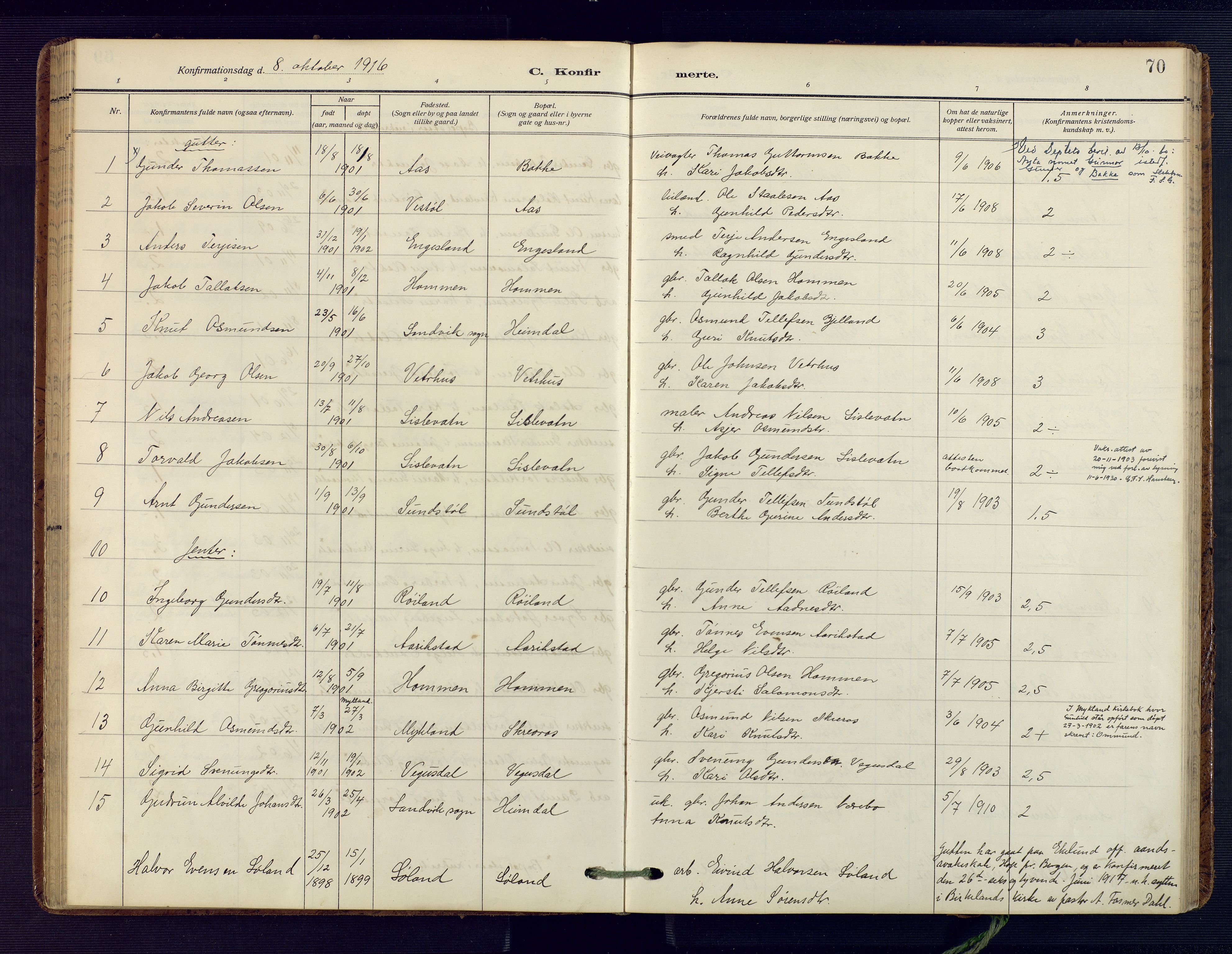 Herefoss sokneprestkontor, SAK/1111-0019/F/Fa/Fab/L0005: Parish register (official) no. A 5, 1910-1932, p. 70