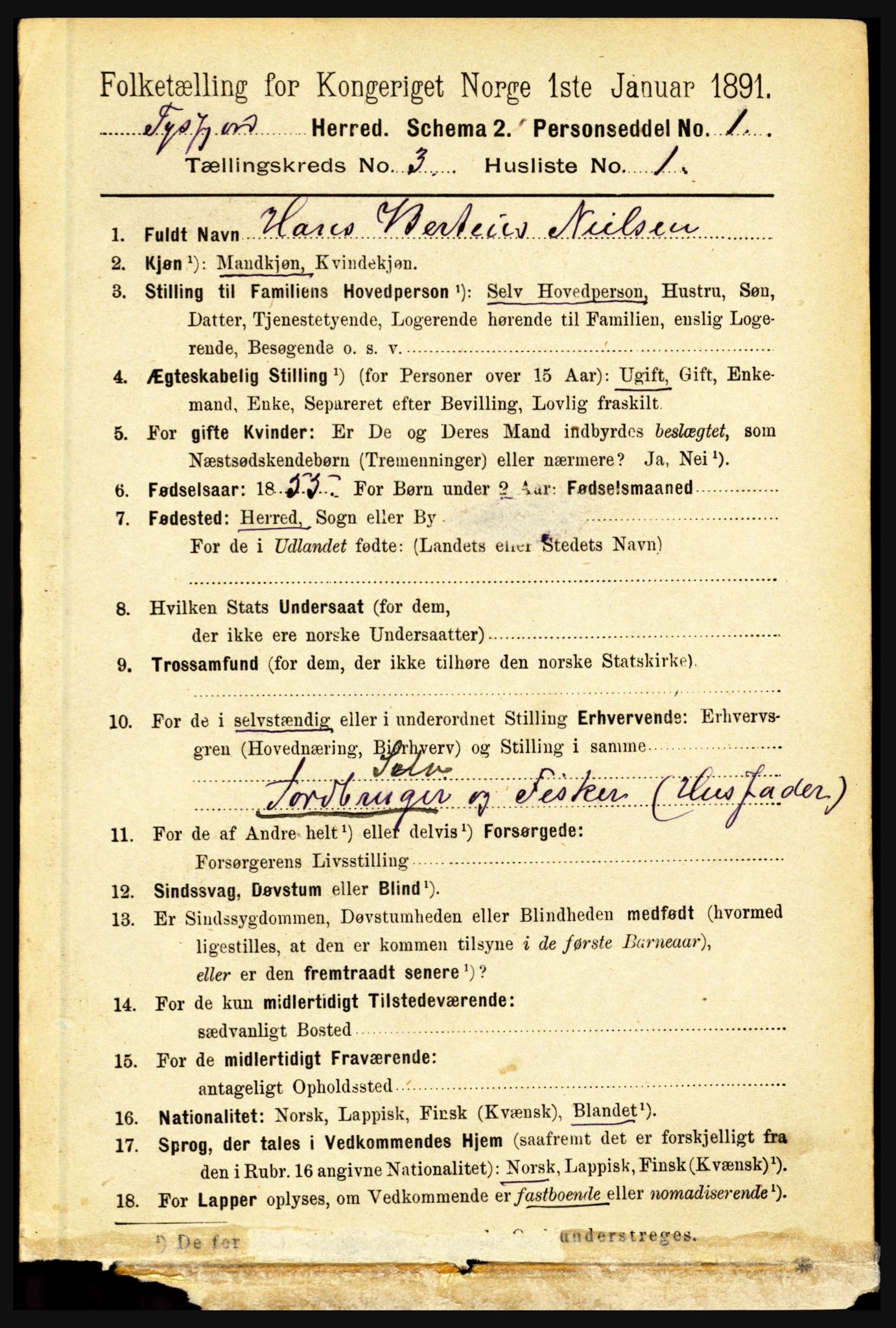 RA, 1891 census for 1850 Tysfjord, 1891, p. 1046