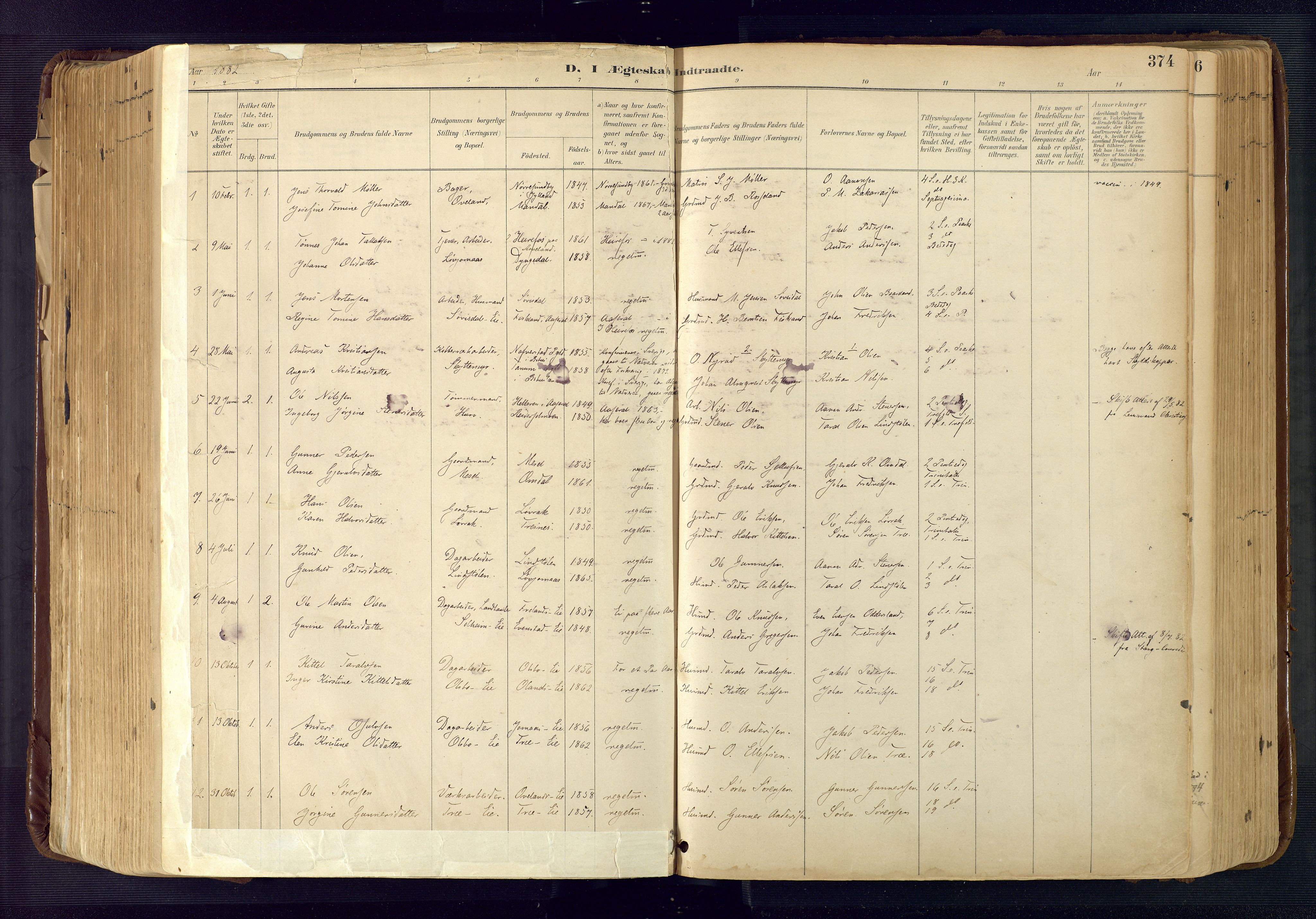Froland sokneprestkontor, SAK/1111-0013/F/Fa/L0005: Parish register (official) no. A 5, 1882-1921, p. 374
