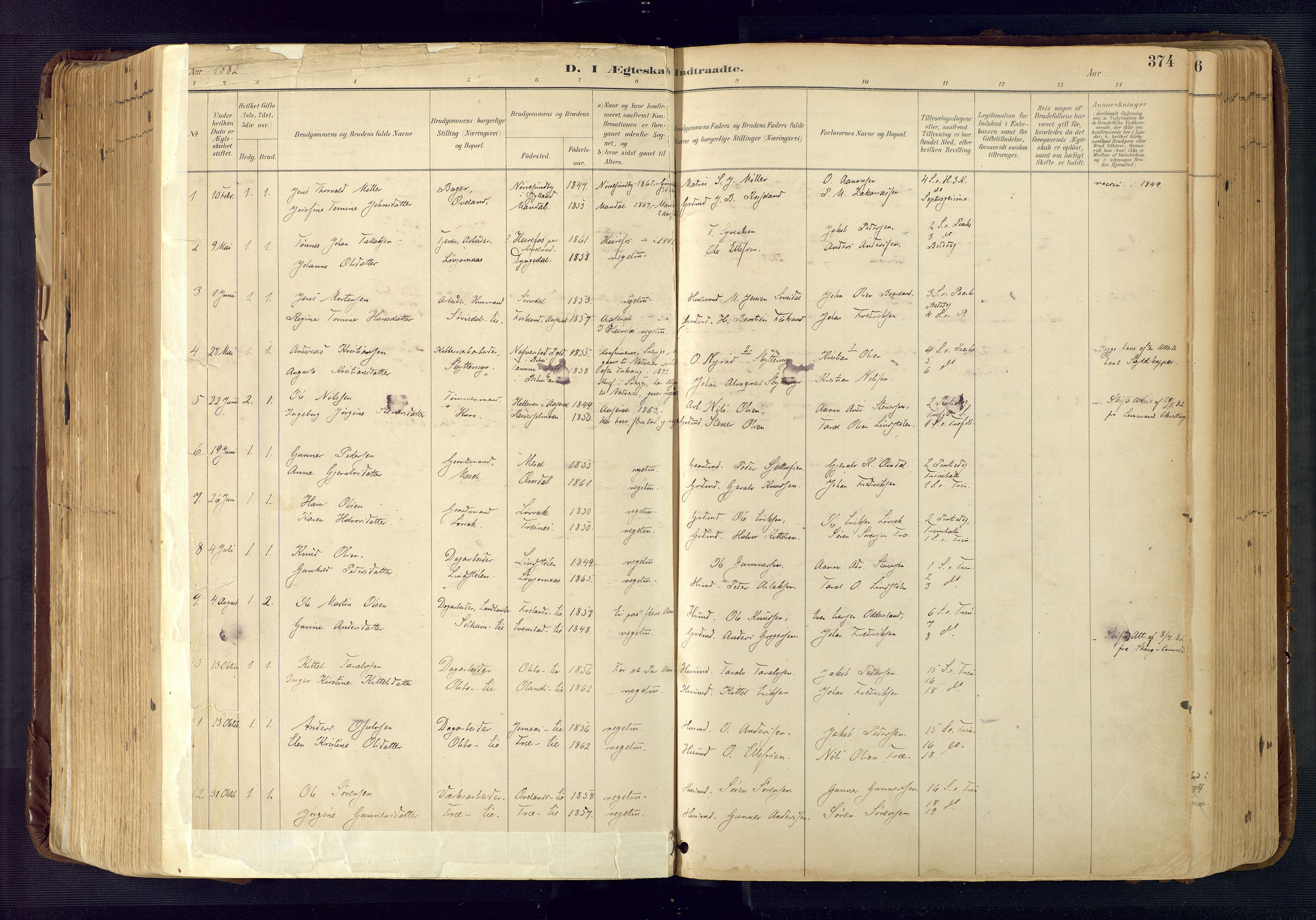 Froland sokneprestkontor, AV/SAK-1111-0013/F/Fa/L0005: Parish register (official) no. A 5, 1882-1921, p. 374