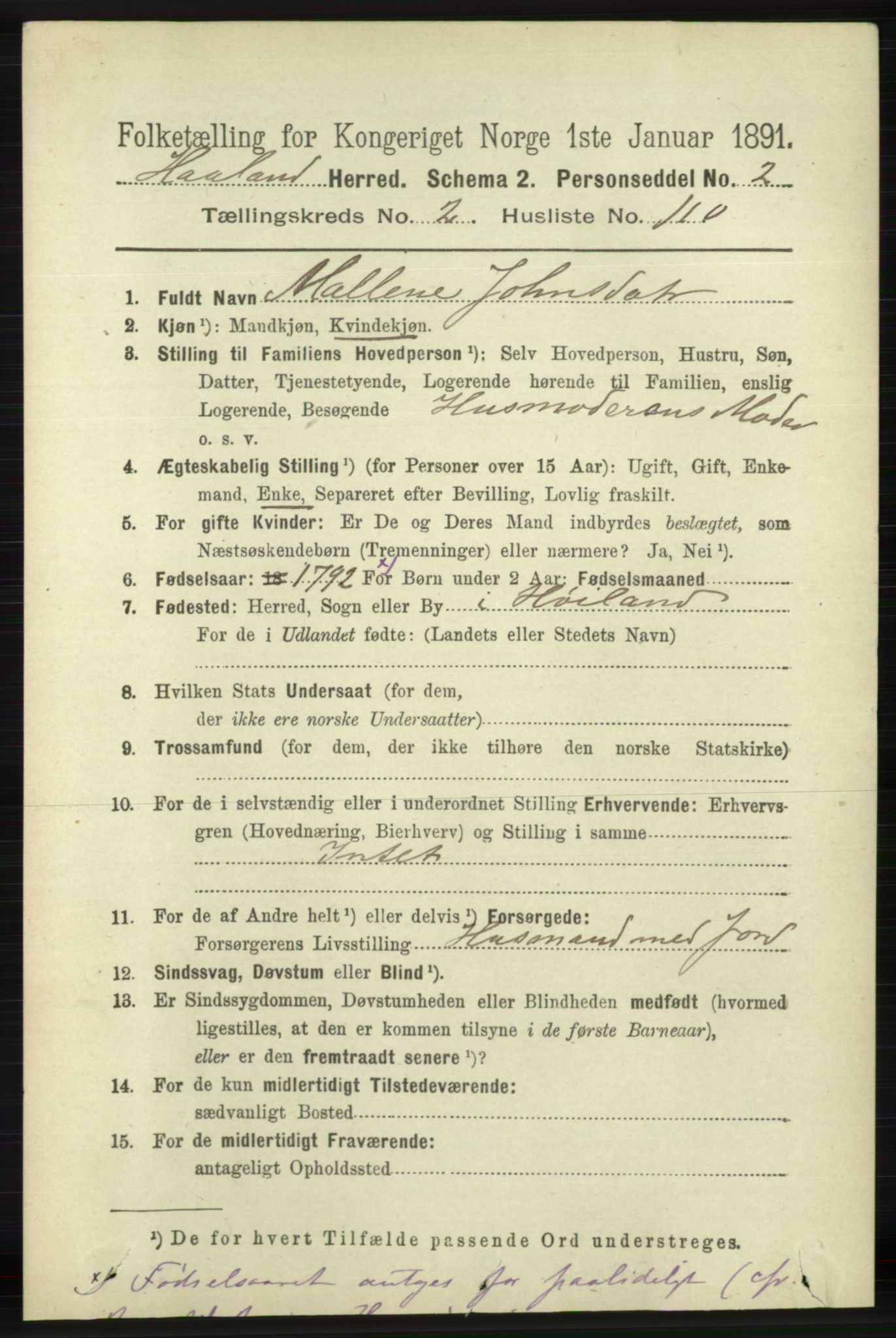 RA, 1891 census for 1124 Haaland, 1891, p. 1599