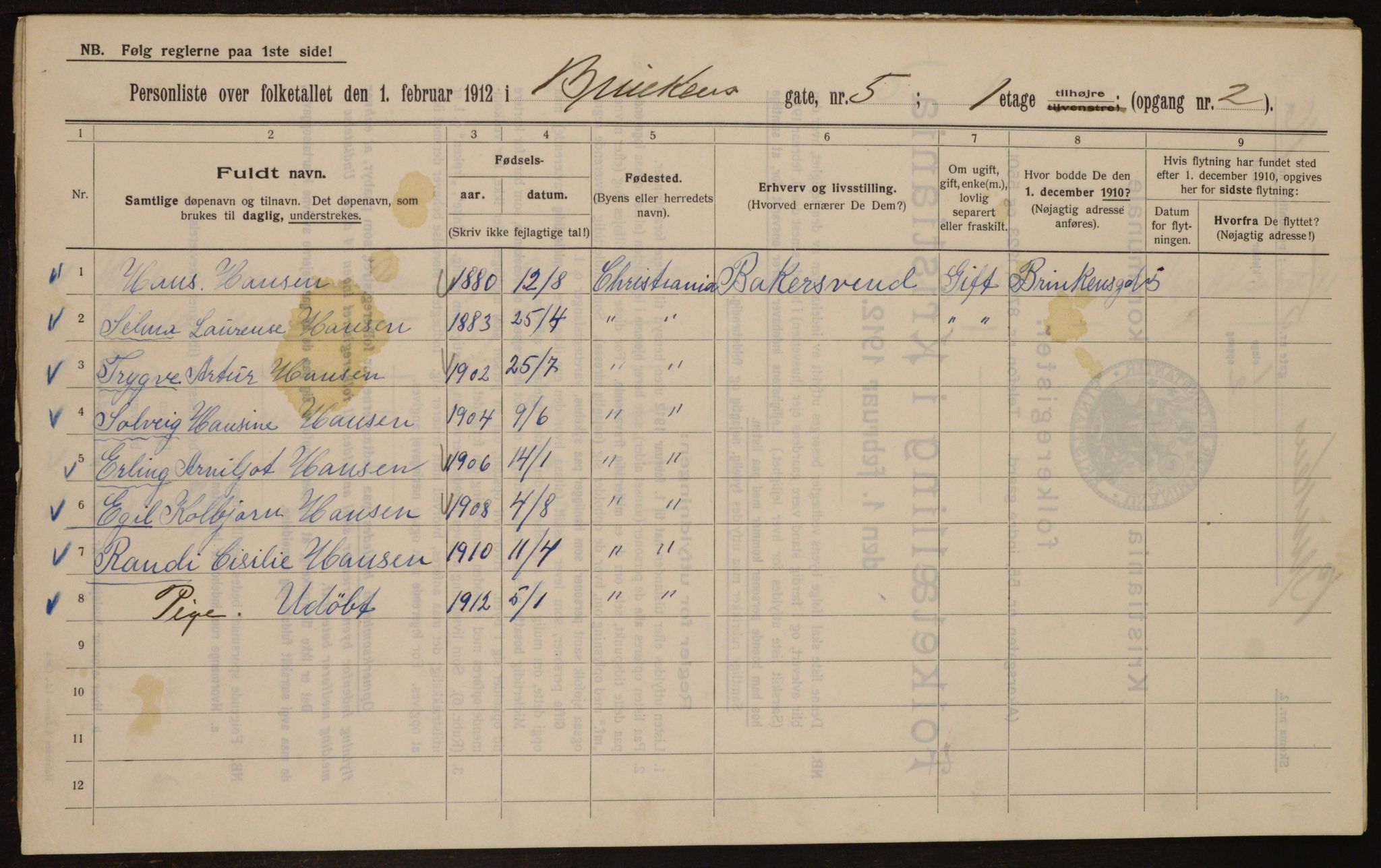 OBA, Municipal Census 1912 for Kristiania, 1912, p. 8635