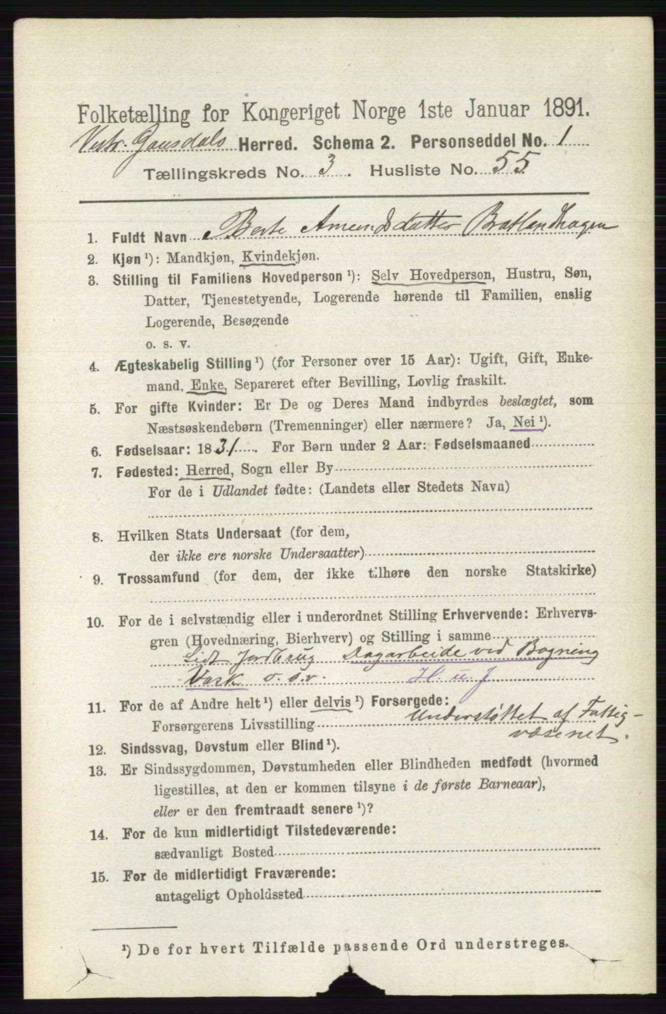 RA, 1891 census for 0523 Vestre Gausdal, 1891, p. 1618