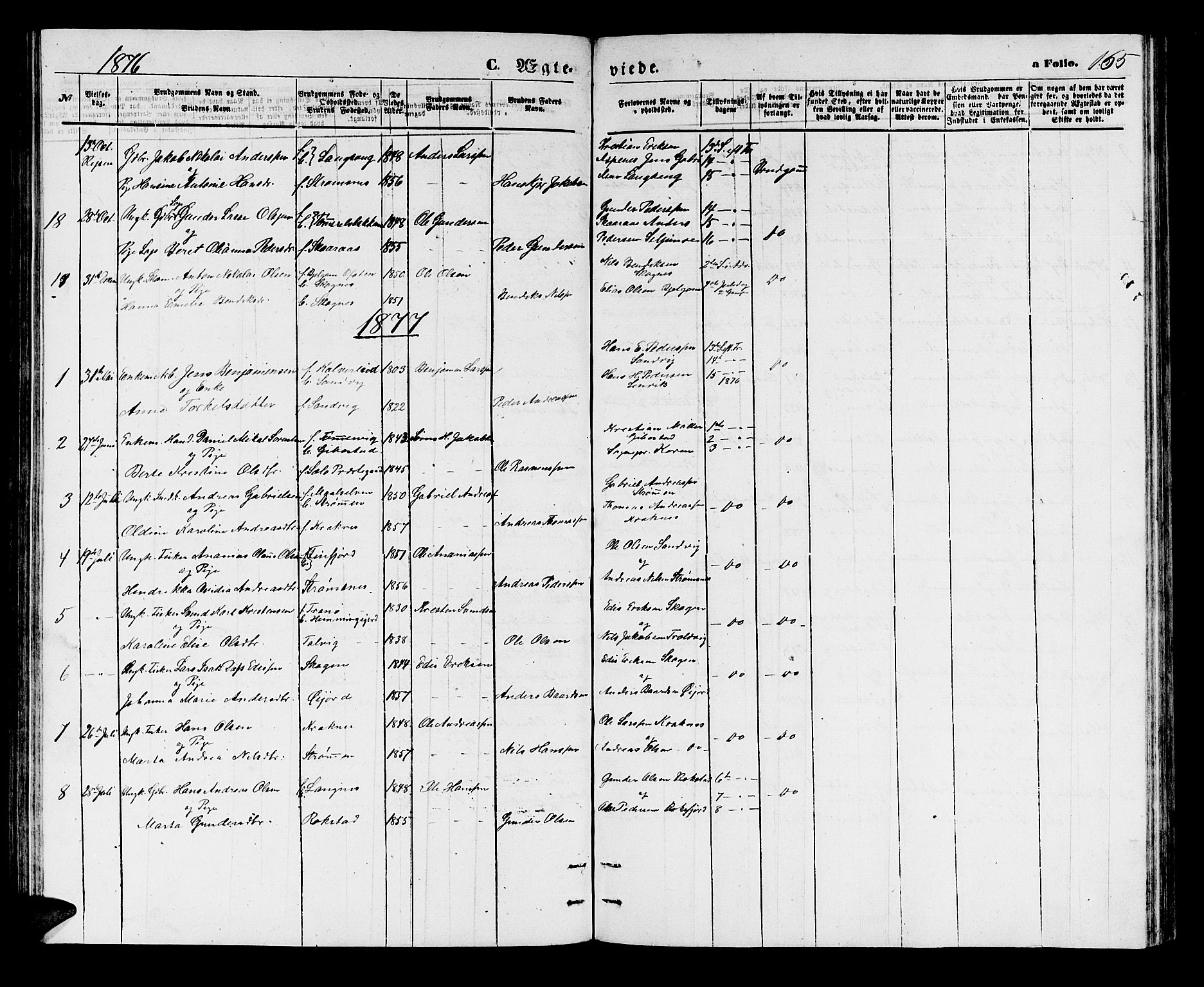 Lenvik sokneprestembete, SATØ/S-1310/H/Ha/Hab/L0005klokker: Parish register (copy) no. 5, 1870-1880, p. 165